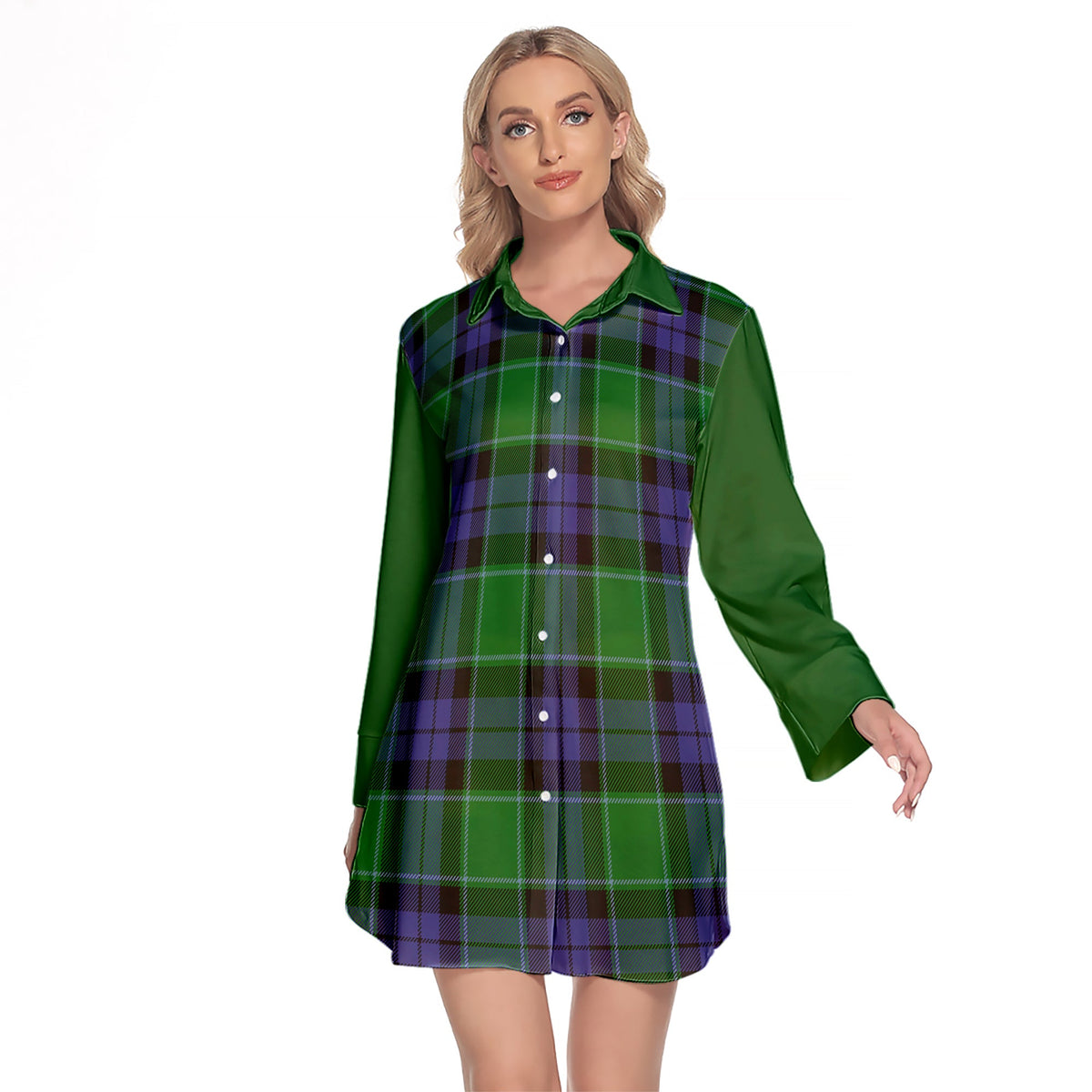 Haldane Tartan Women's Lapel Shirt Dress With Long Sleeve