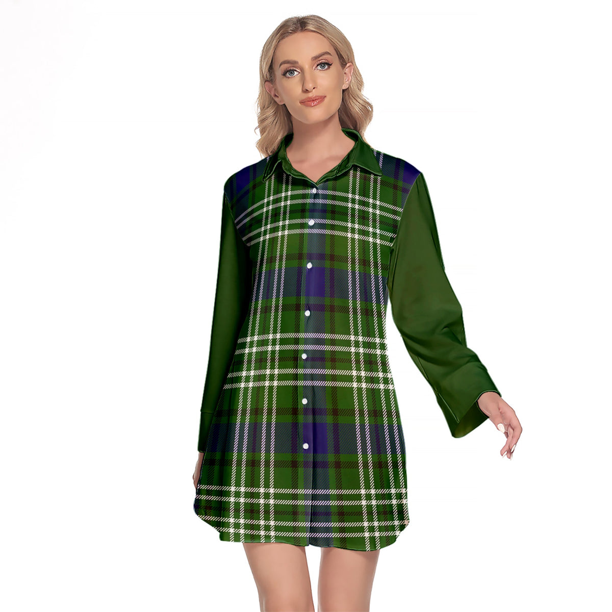 Haliburton Tartan Women's Lapel Shirt Dress With Long Sleeve