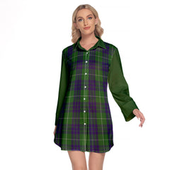 Hamilton Green Hunting Tartan Women's Lapel Shirt Dress With Long Sleeve