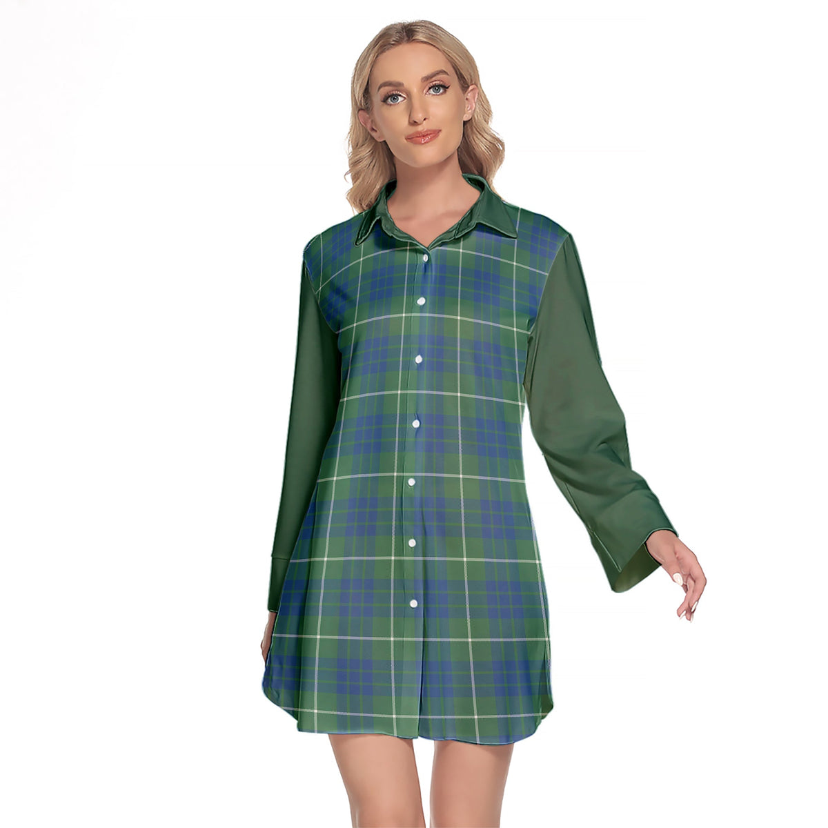 Hamilton Hunting Ancient Tartan Women's Lapel Shirt Dress With Long Sleeve