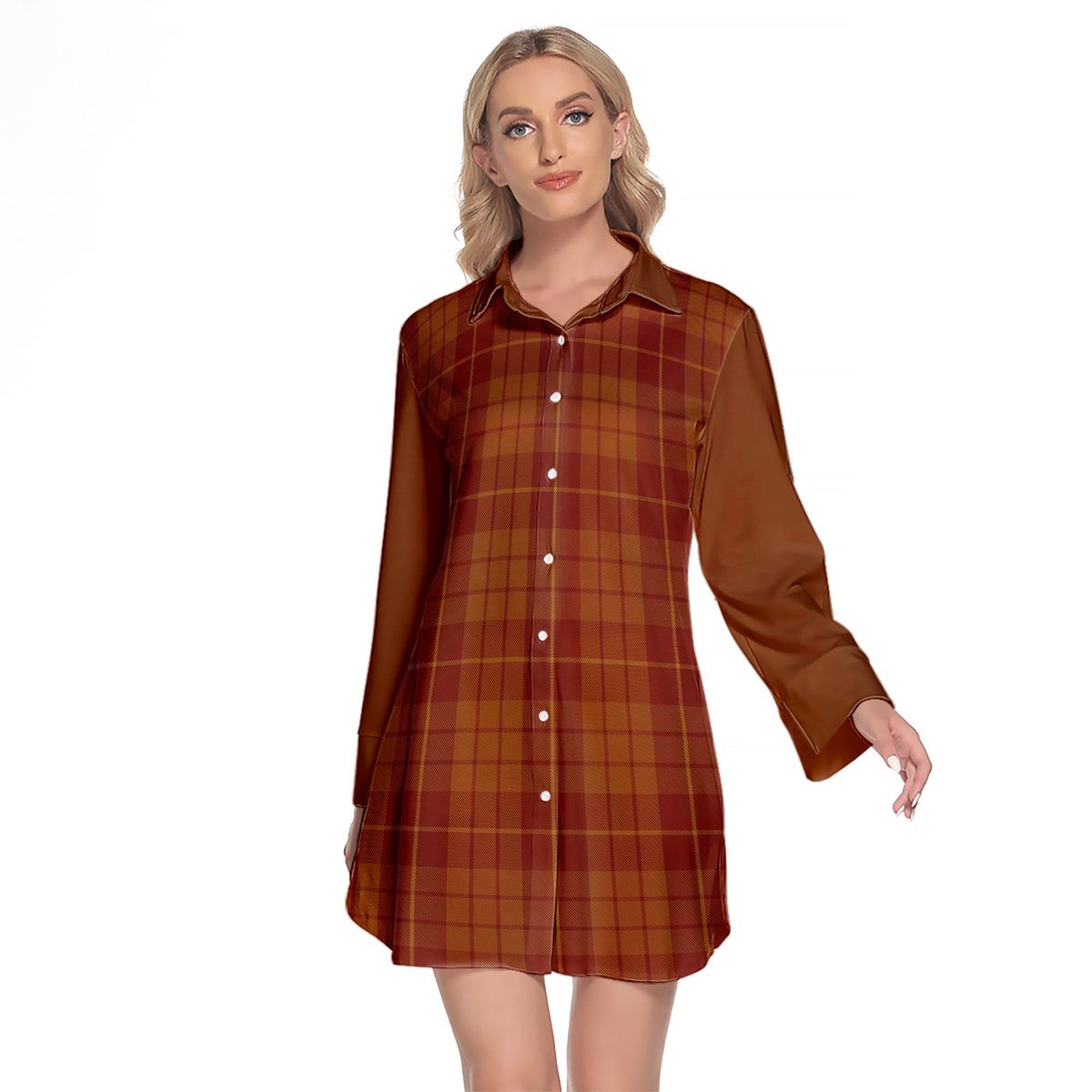 Hamilton Red Tartan Women's Lapel Shirt Dress With Long Sleeve