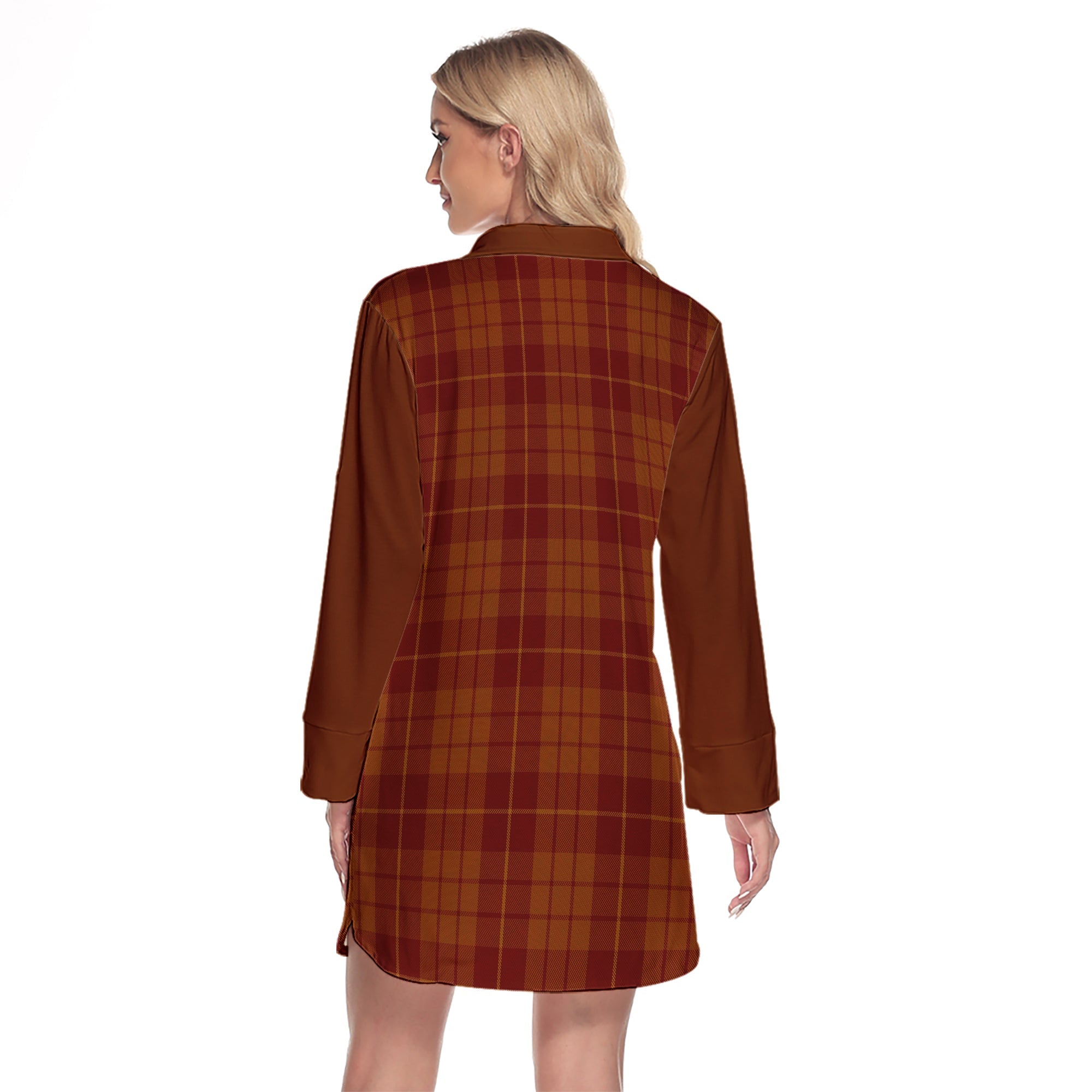 Hamilton Red Tartan Women's Lapel Shirt Dress With Long Sleeve