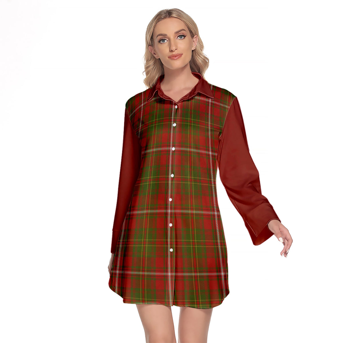 Hay Tartan Women's Lapel Shirt Dress With Long Sleeve