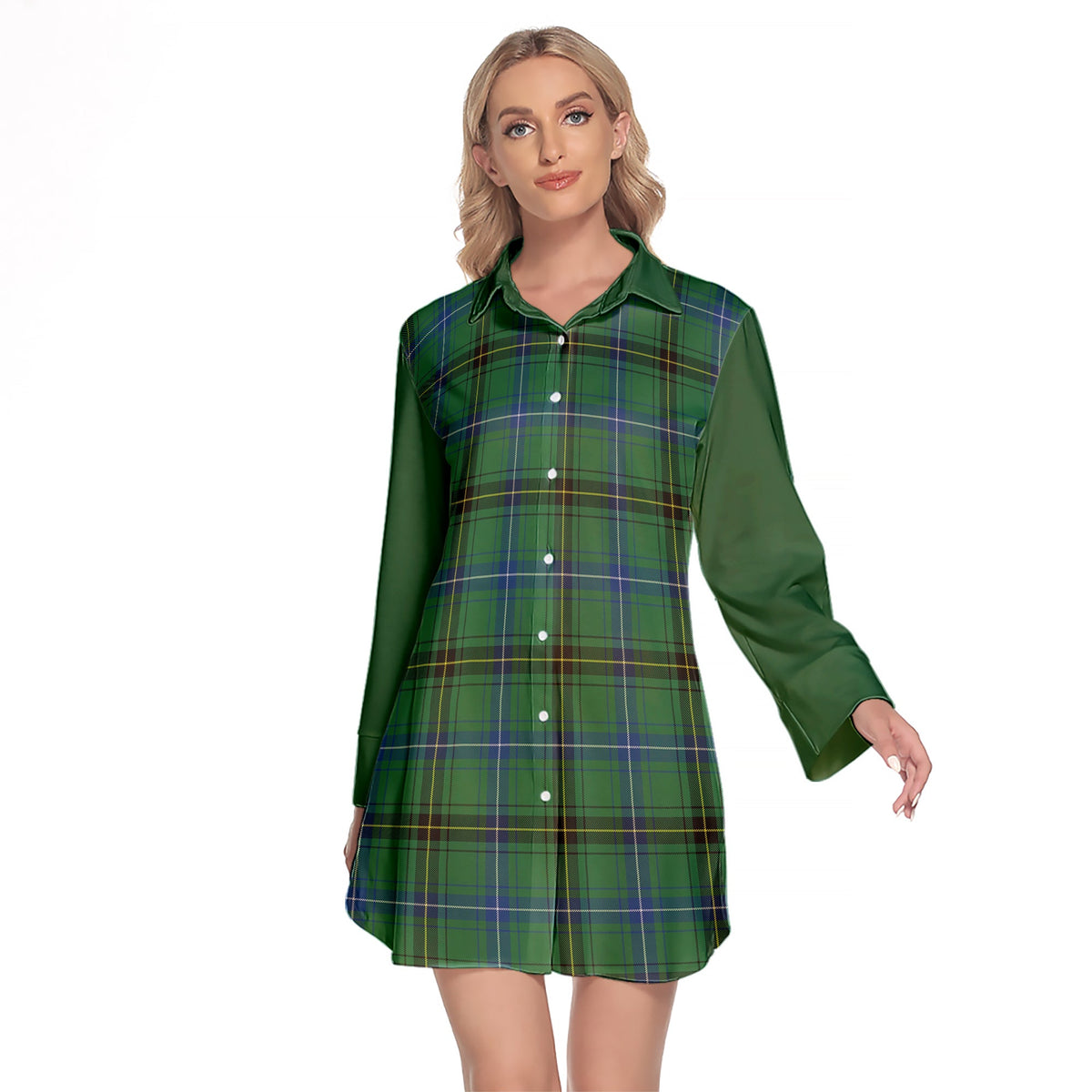 Henderson Ancient Tartan Women's Lapel Shirt Dress With Long Sleeve