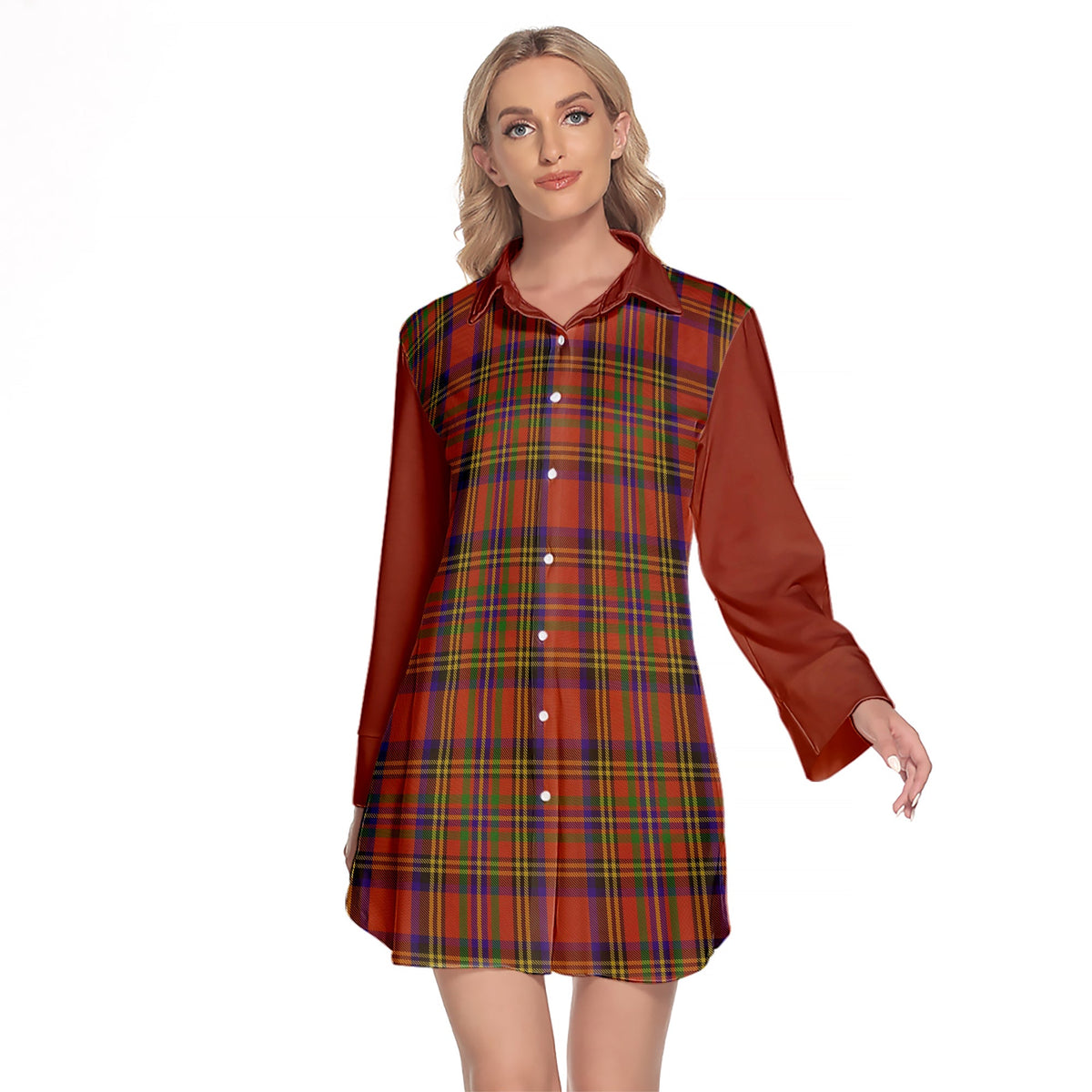 Hepburn Tartan Women's Lapel Shirt Dress With Long Sleeve