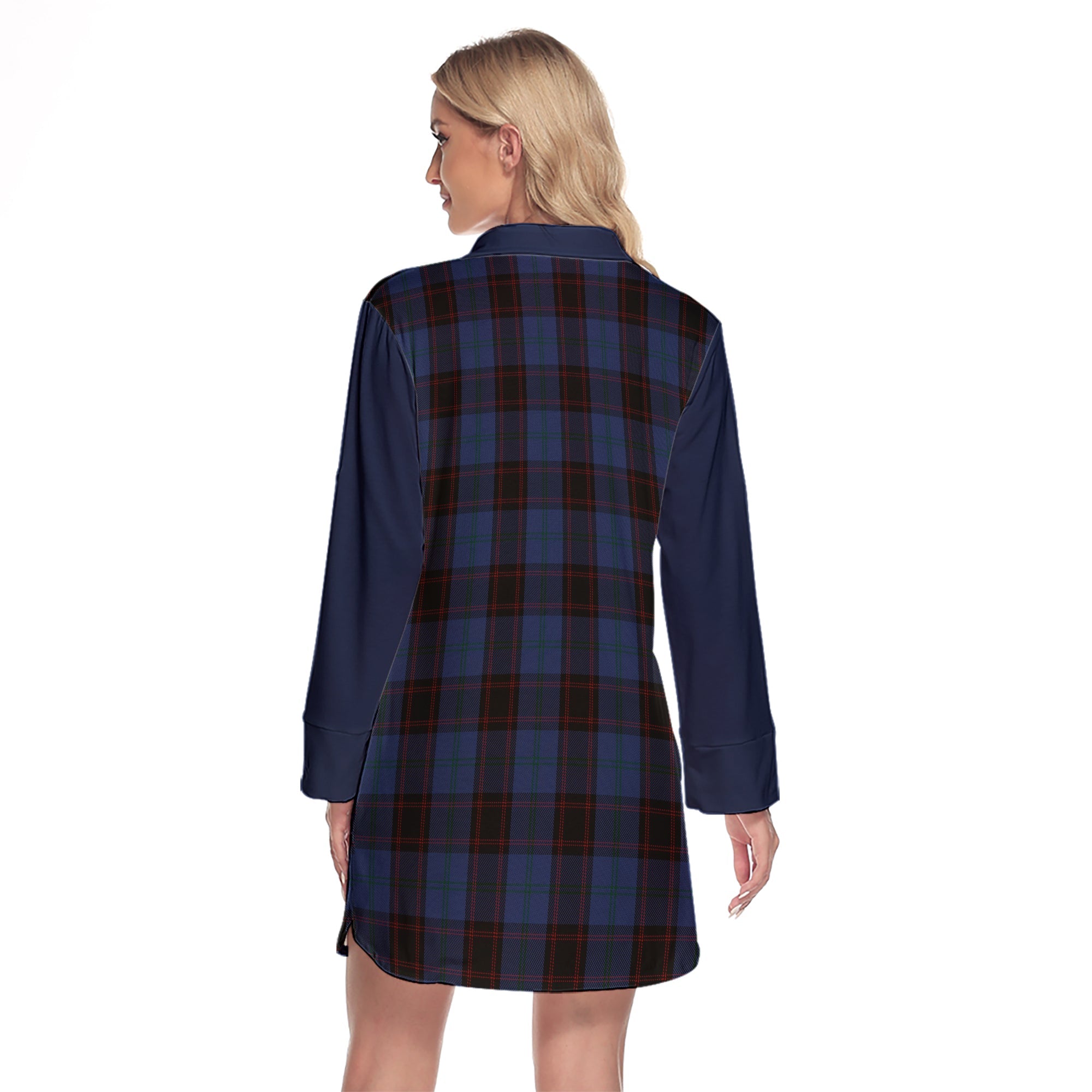 Home (Hume) Tartan Women's Lapel Shirt Dress With Long Sleeve