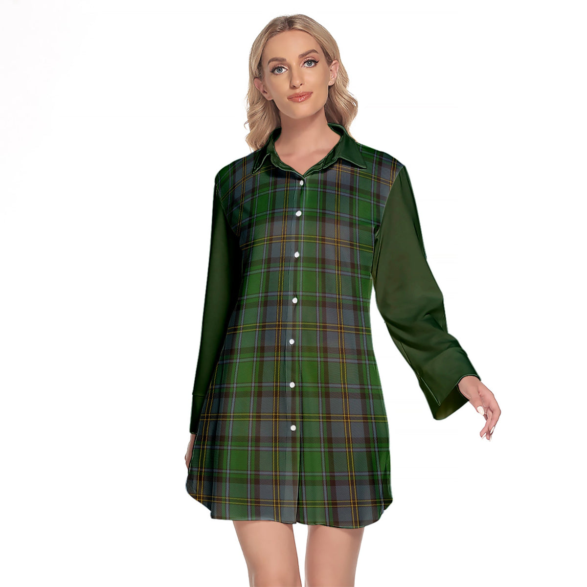 Hope Vere Tartan Women's Lapel Shirt Dress With Long Sleeve