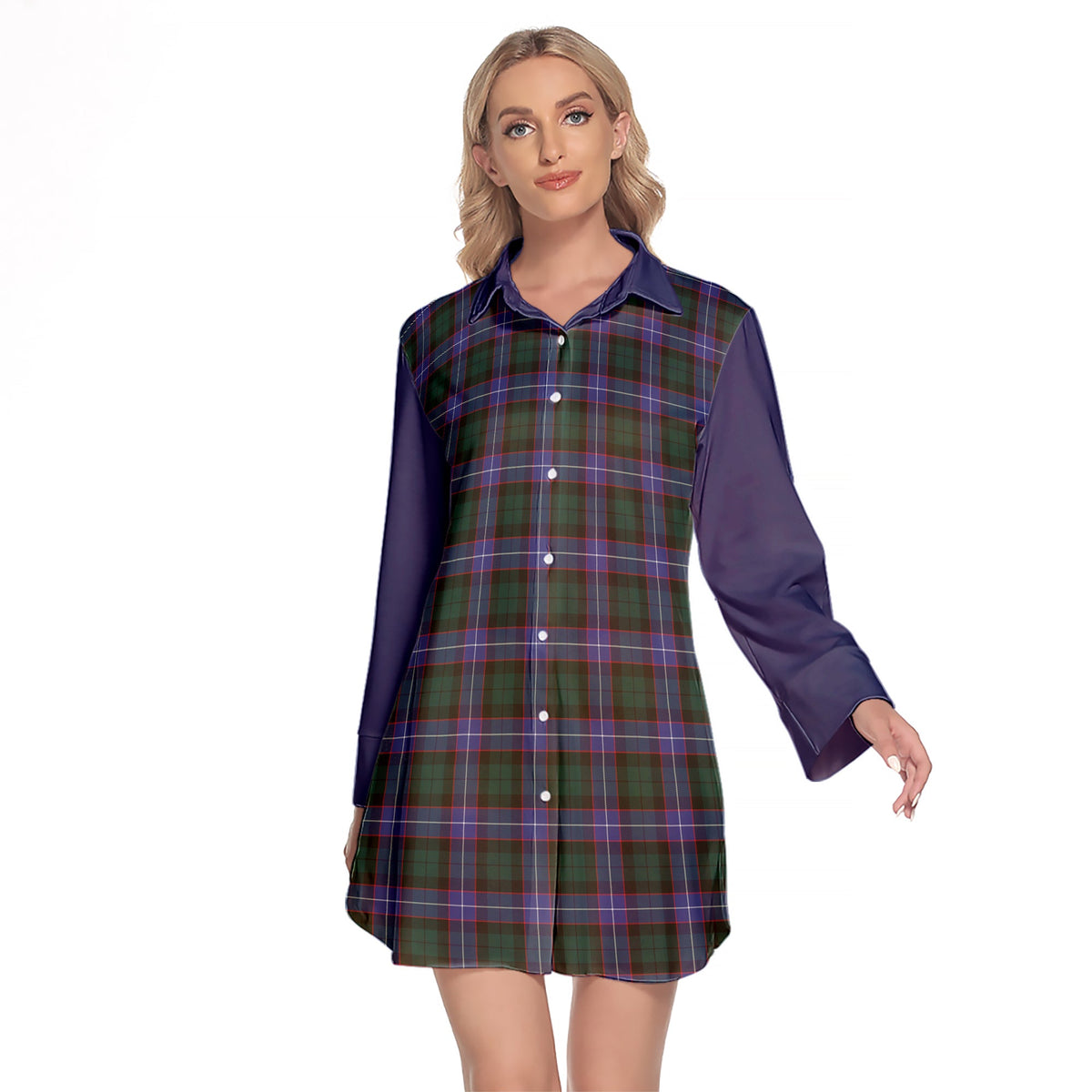 Hunter Modern Tartan Women's Lapel Shirt Dress With Long Sleeve