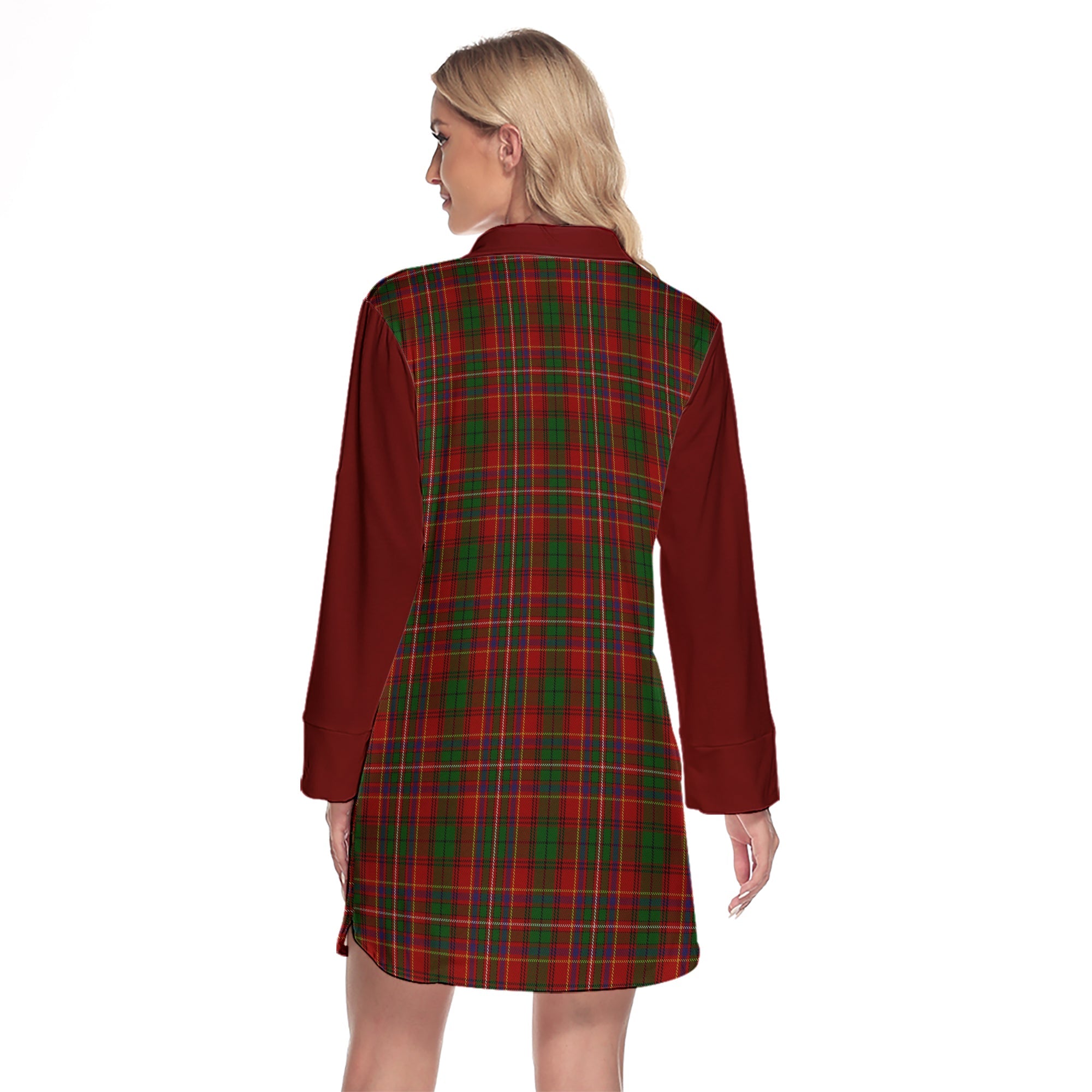 Innes Tartan Women's Lapel Shirt Dress With Long Sleeve