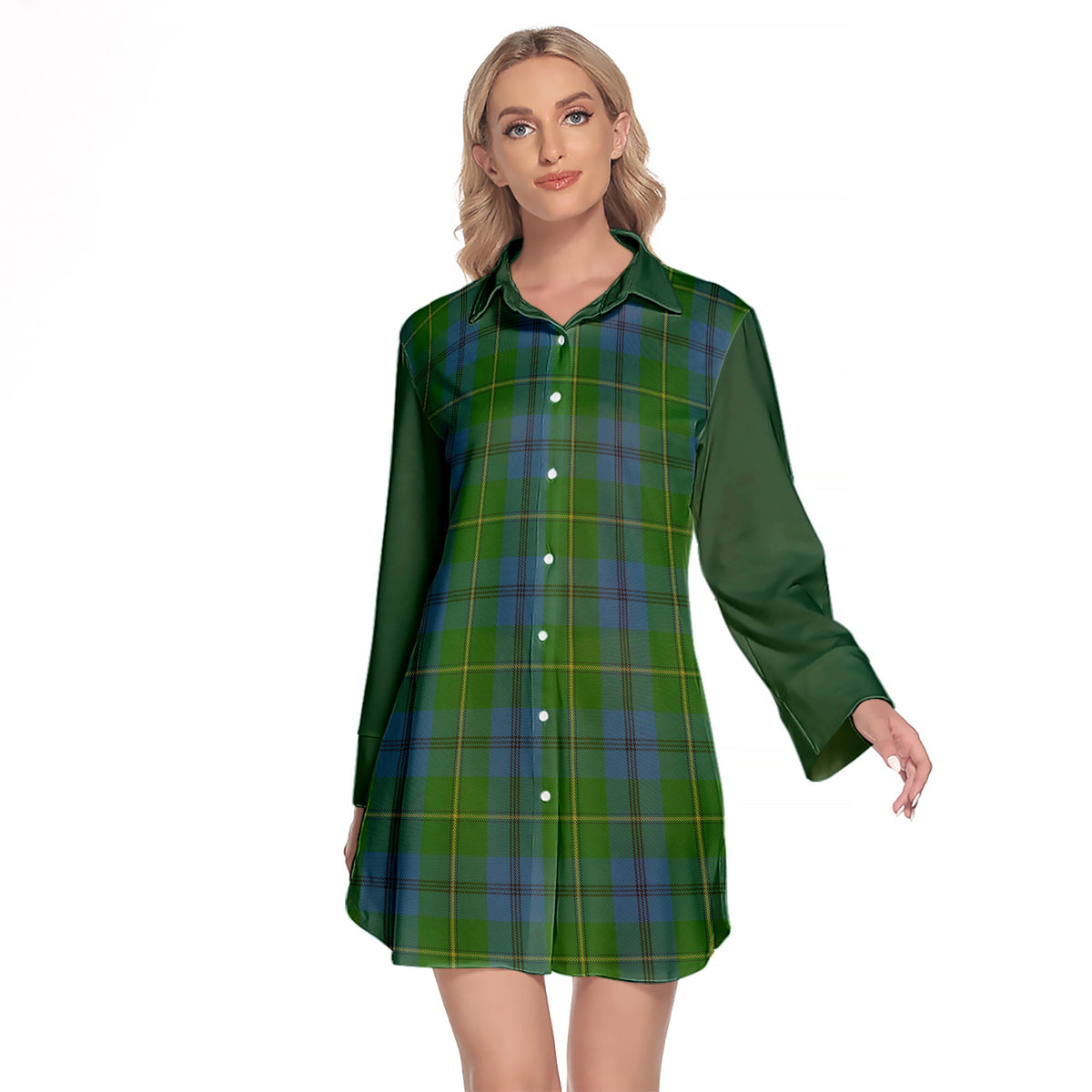 Johnston Tartan Women's Lapel Shirt Dress With Long Sleeve