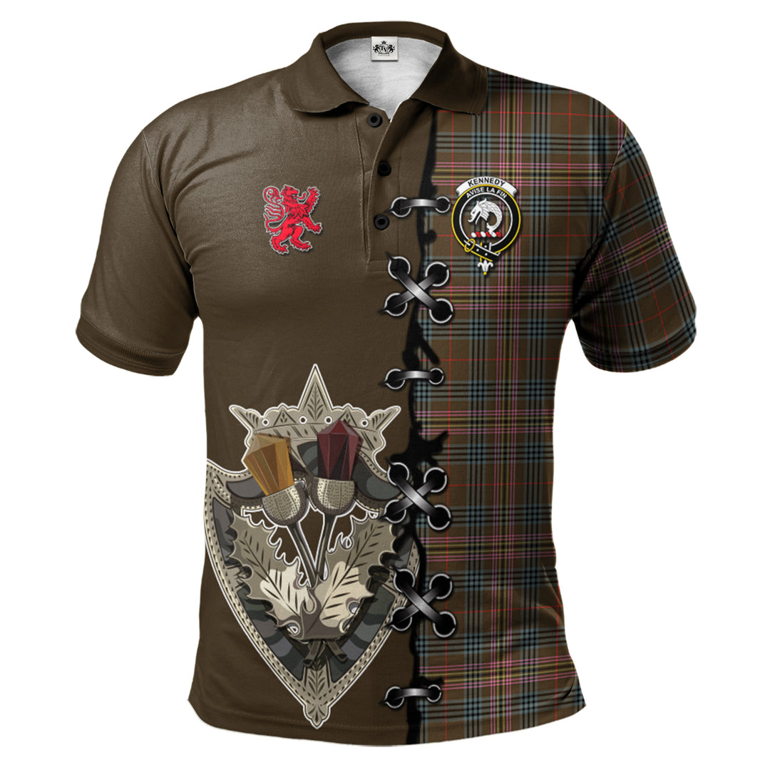 Kennedy Weathered Tartan Polo Shirt - Lion Rampant And Celtic Thistle Style