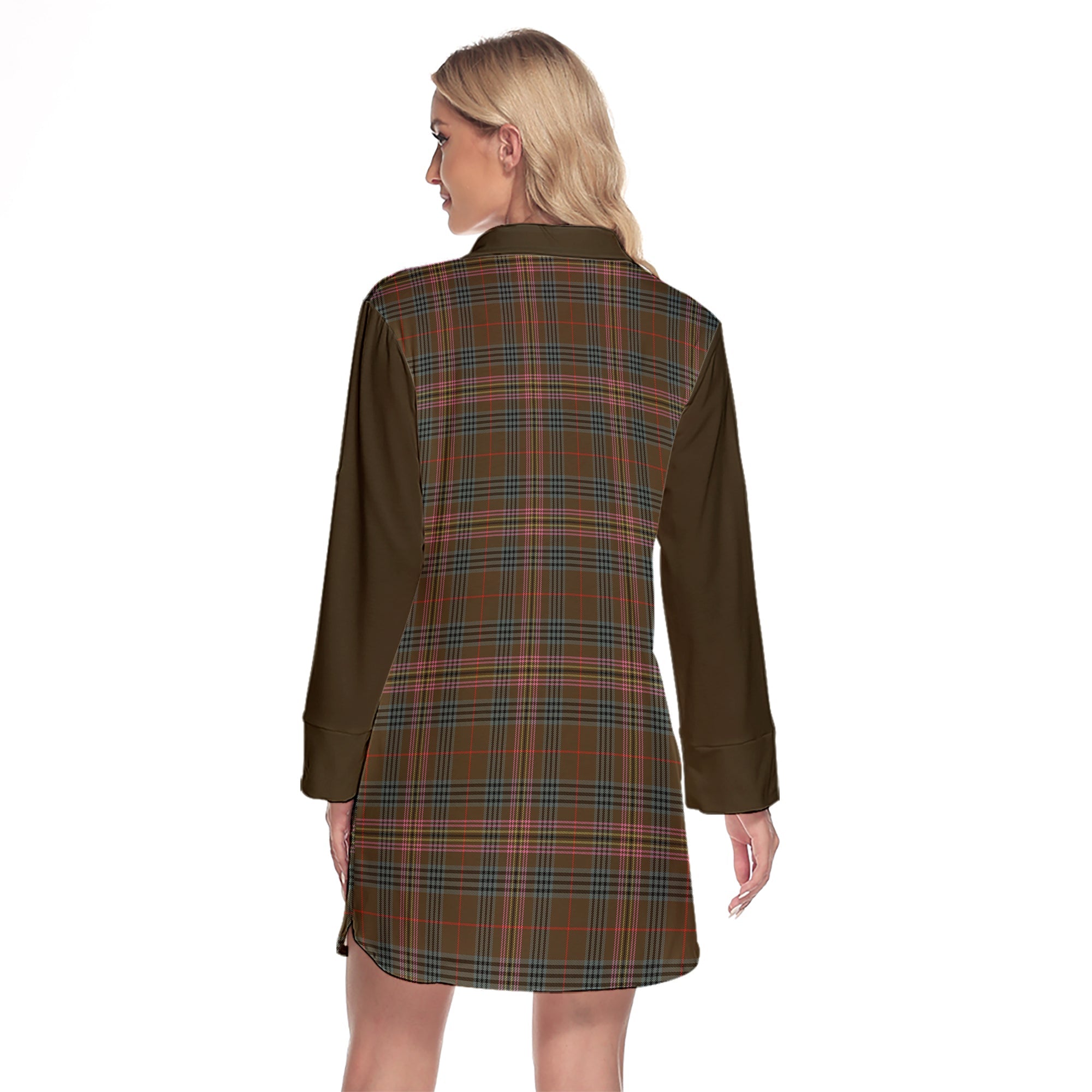 Kennedy Weathered Tartan Women's Lapel Shirt Dress With Long Sleeve