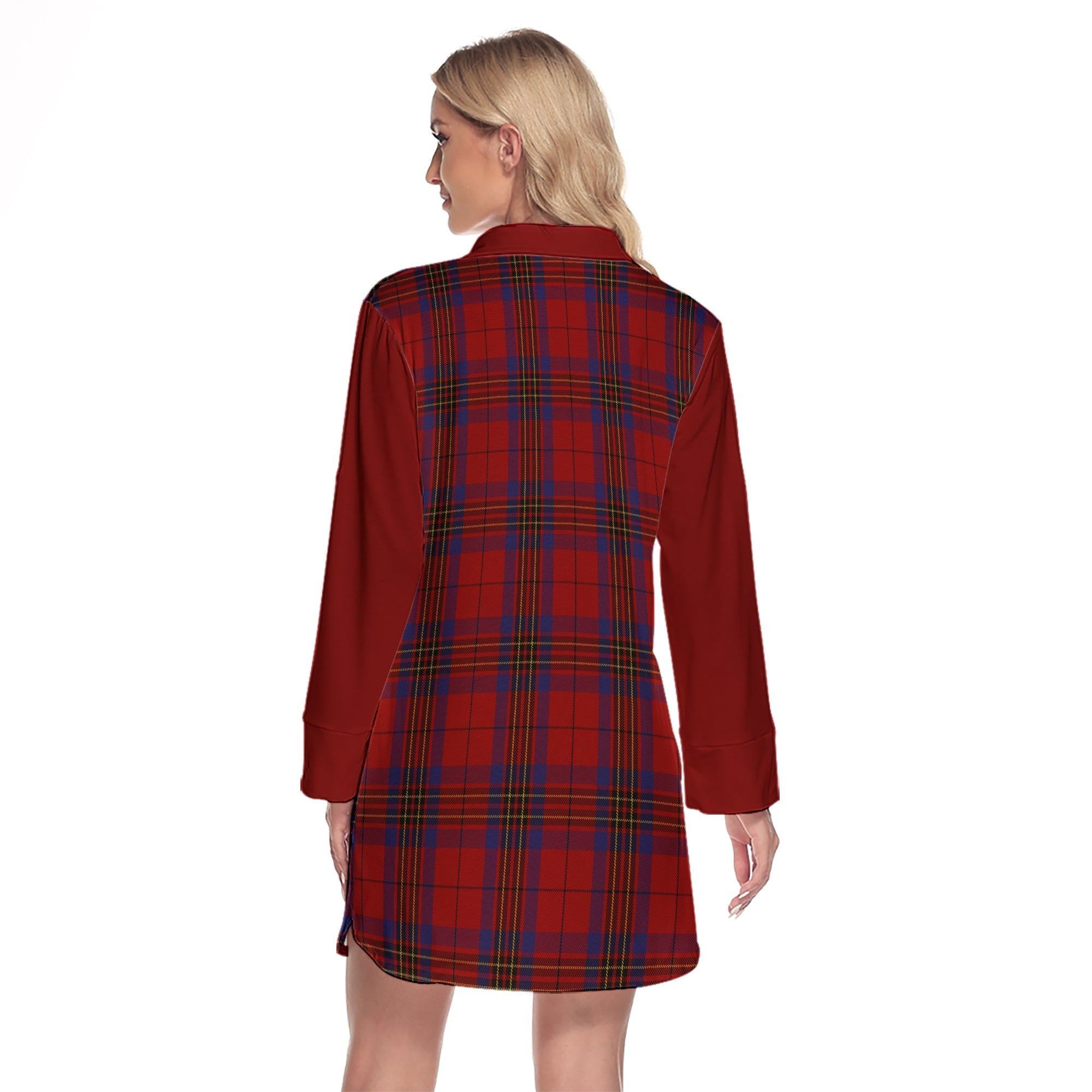 Leslie Red Tartan Women's Lapel Shirt Dress With Long Sleeve