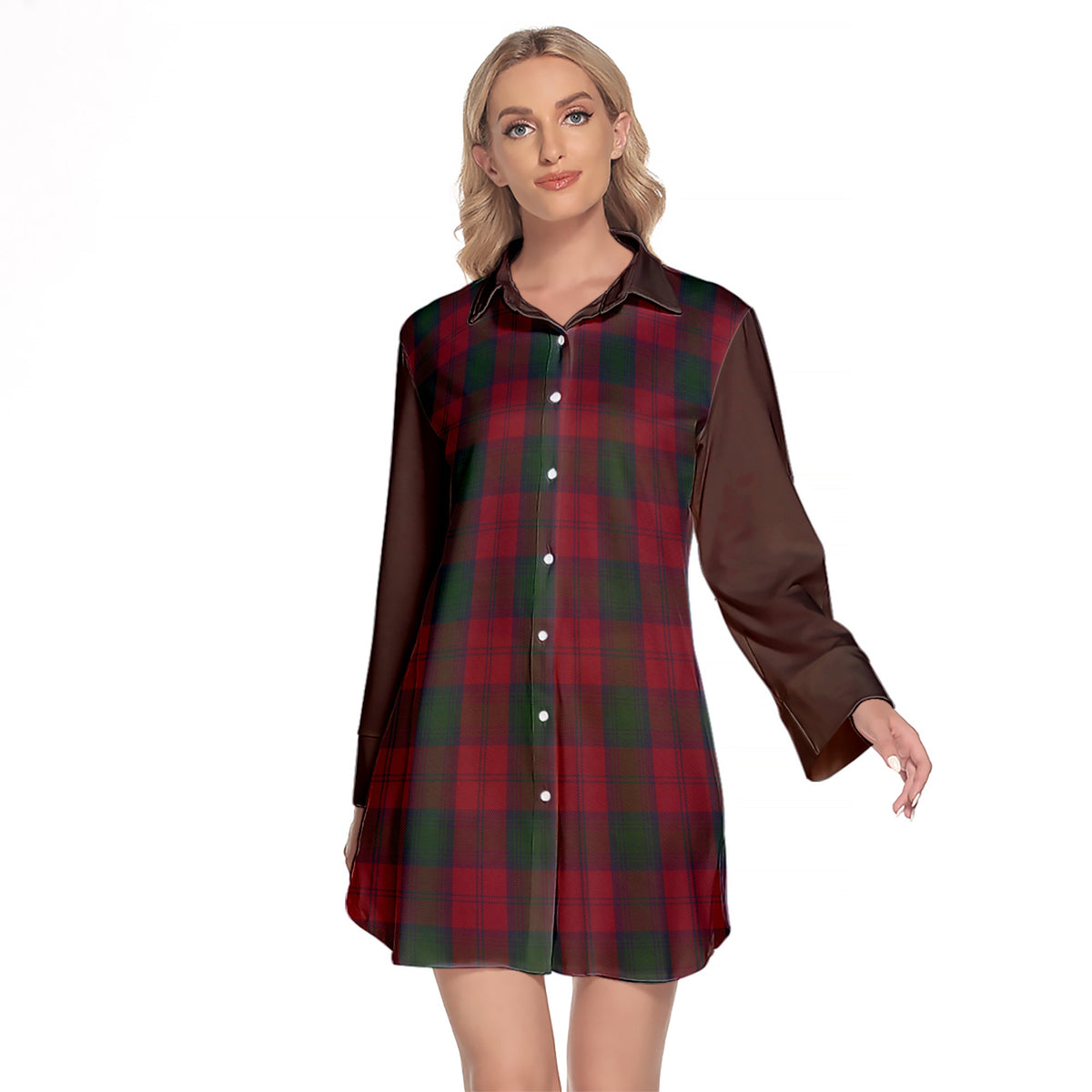 Lindsay Tartan Women's Lapel Shirt Dress With Long Sleeve