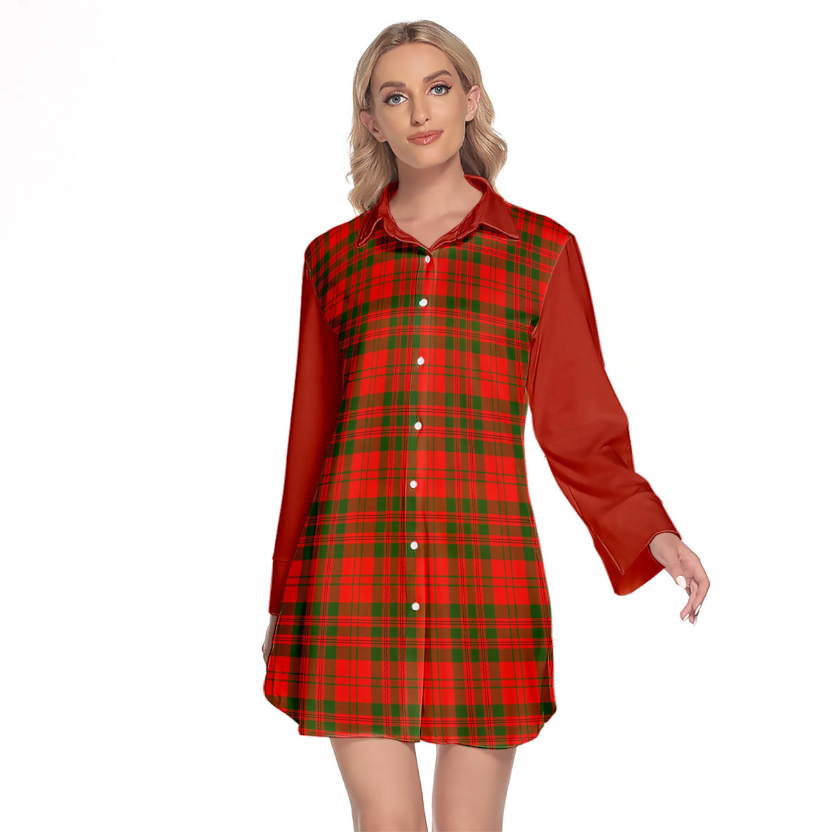 Livingston Modern Tartan Women's Lapel Shirt Dress With Long Sleeve