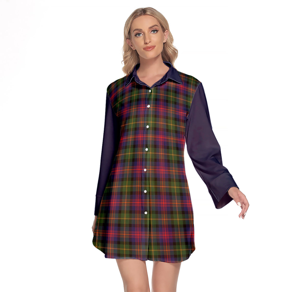 Logan Modern Tartan Women's Lapel Shirt Dress With Long Sleeve