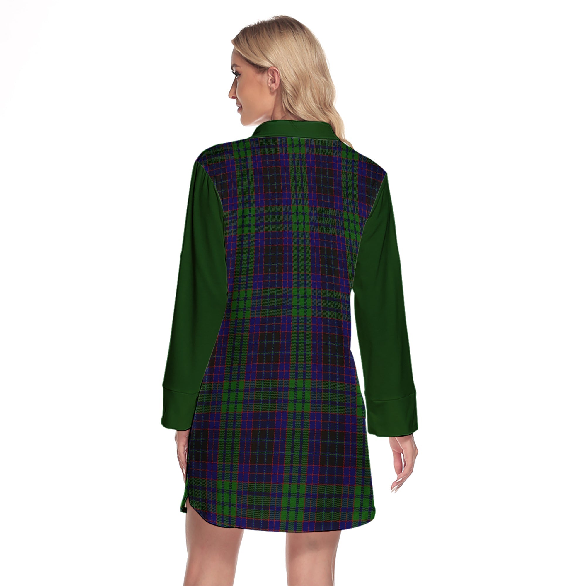 Lumsden Green Tartan Women's Lapel Shirt Dress With Long Sleeve