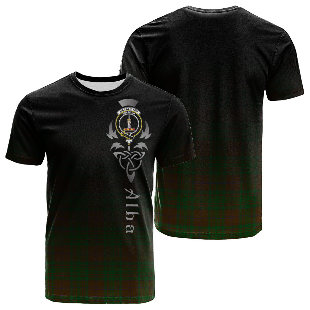 MacAlister Of Glenbarr Hunting Tartan Crest T-shirt - Alba Celtic Style
