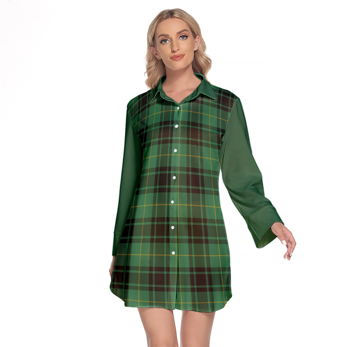 MacArthur Ancient Tartan Women's Lapel Shirt Dress With Long Sleeve