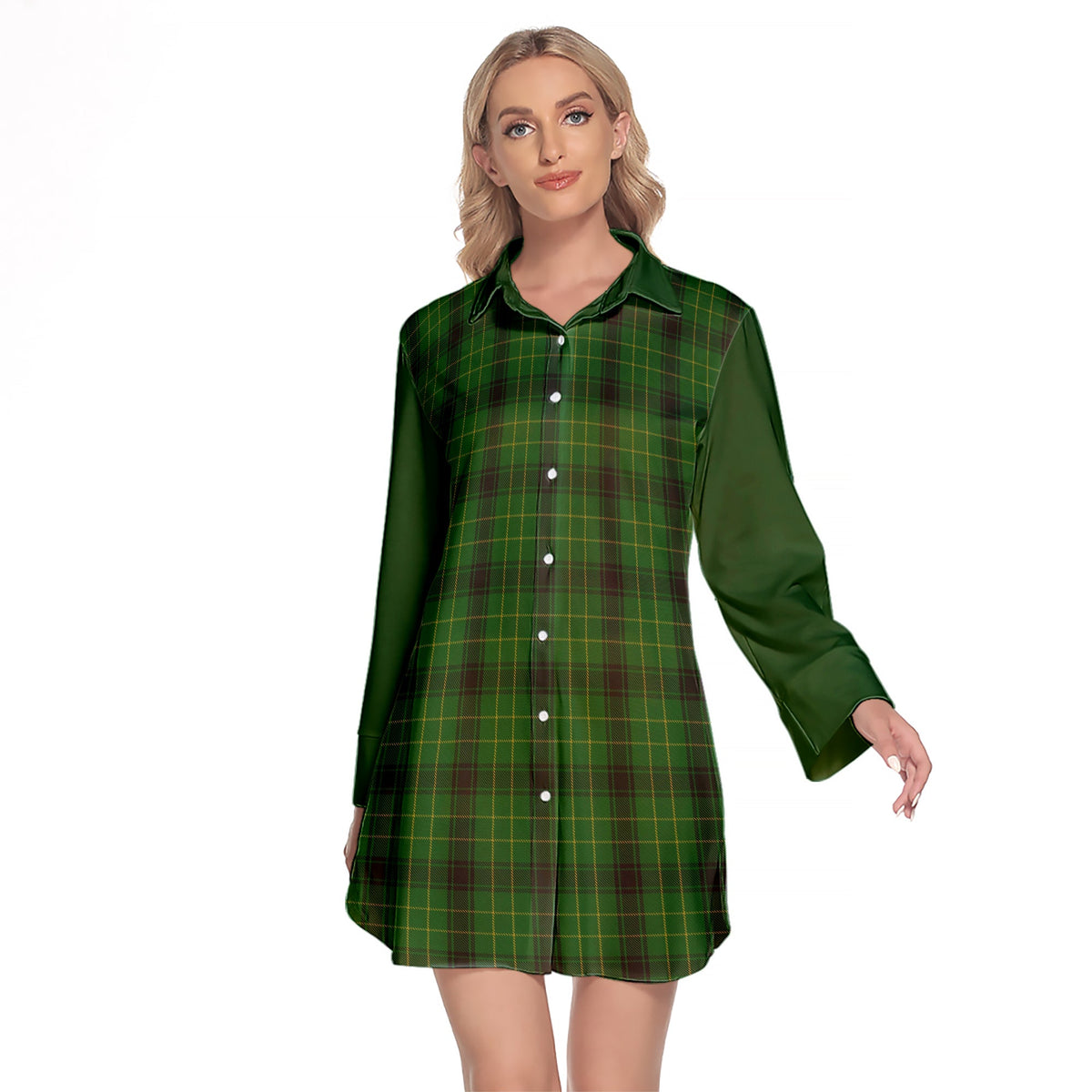 MacArthur Highland Tartan Women's Lapel Shirt Dress With Long Sleeve