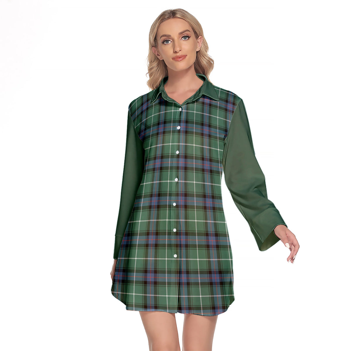 MacDonald Of The Isles Hunting Ancient Tartan Women's Lapel Shirt Dress With Long Sleeve