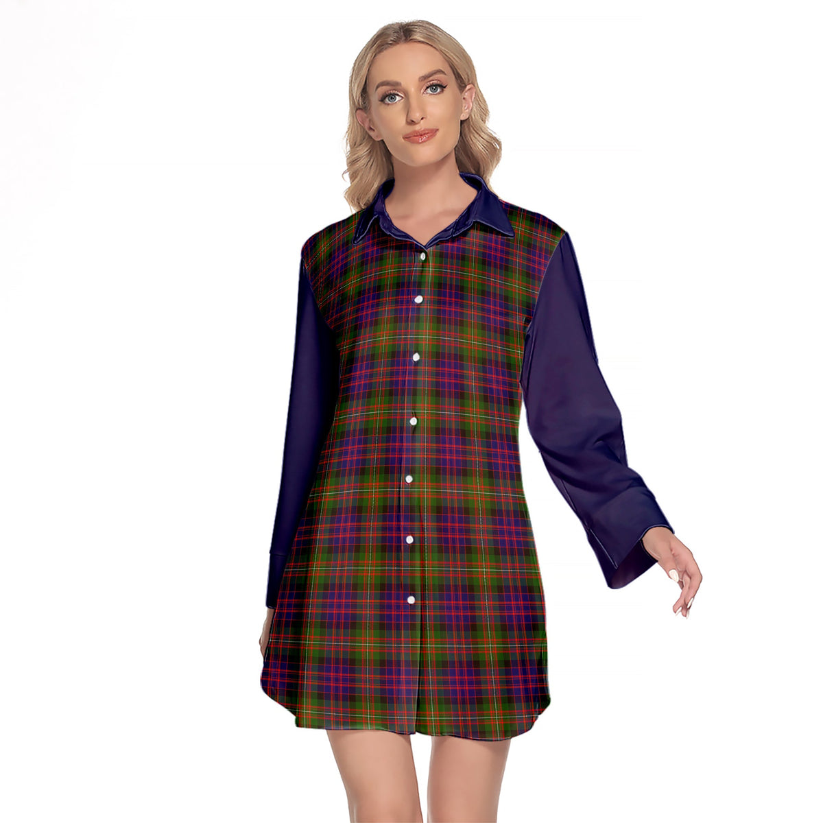 MacDonnell Of Glengarry Modern Tartan Women's Lapel Shirt Dress With Long Sleeve