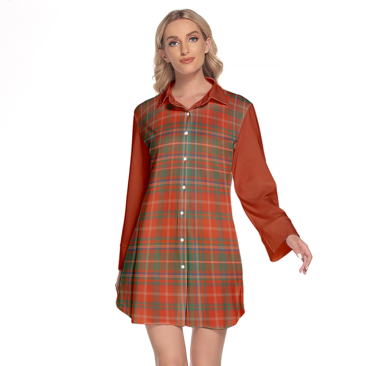 MacDougall Ancient Tartan Women's Lapel Shirt Dress With Long Sleeve