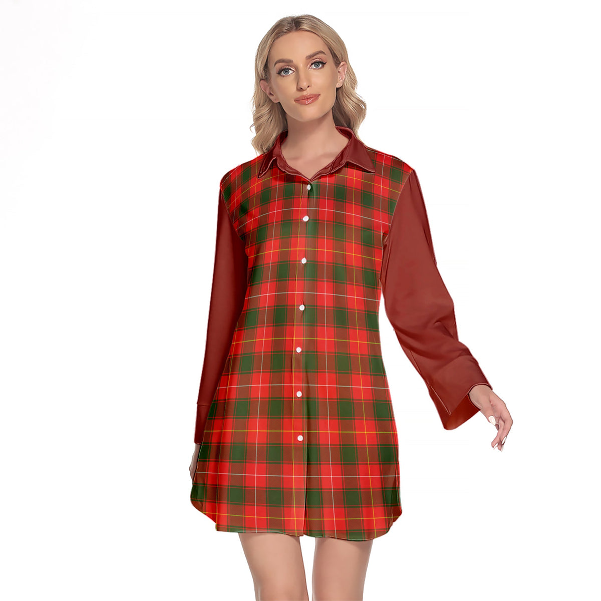 MacFie Modern Tartan Women's Lapel Shirt Dress With Long Sleeve