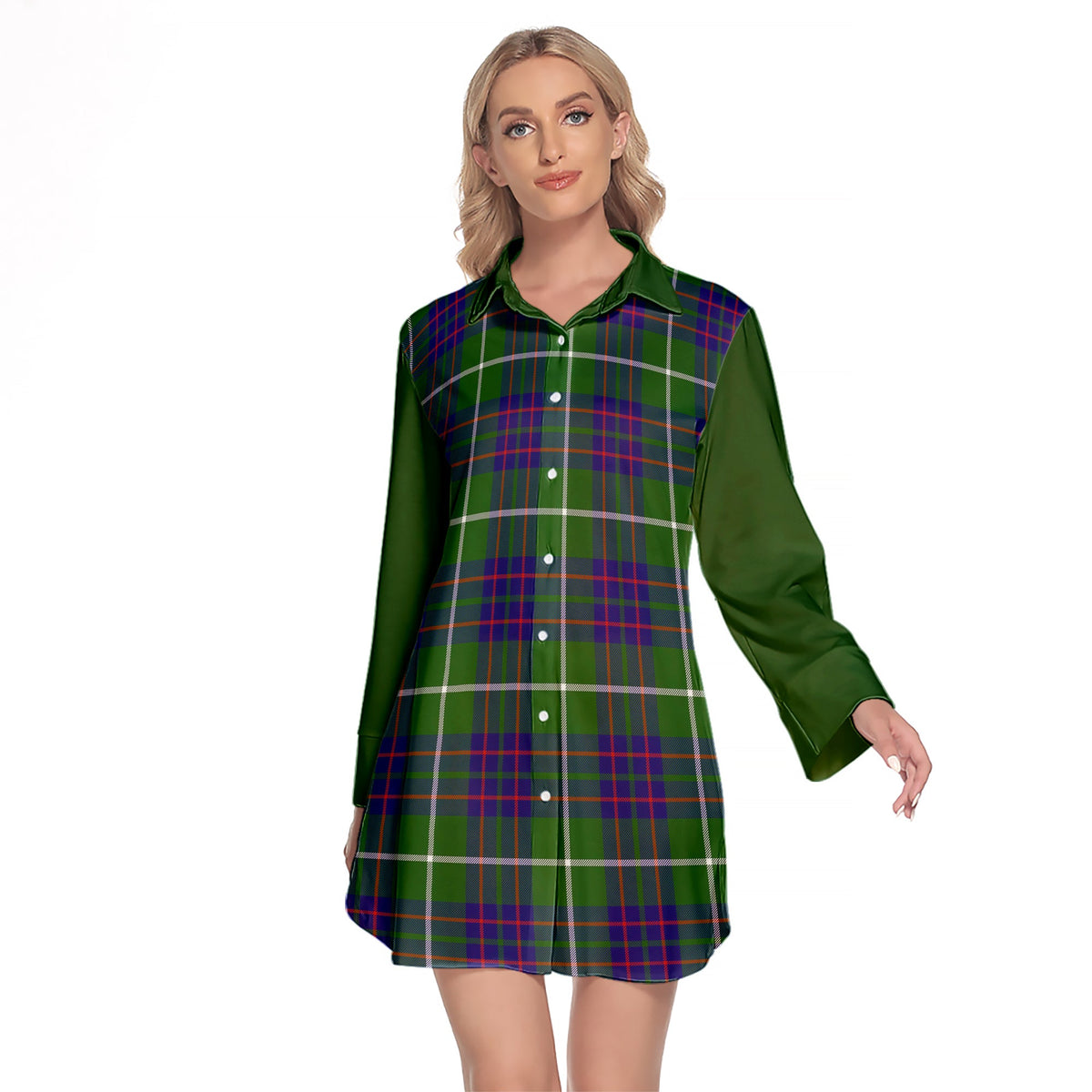 MacIntyre Hunting Modern Tartan Women's Lapel Shirt Dress With Long Sleeve