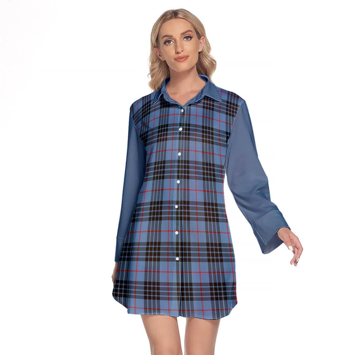 MacKay Blue Tartan Women's Lapel Shirt Dress With Long Sleeve