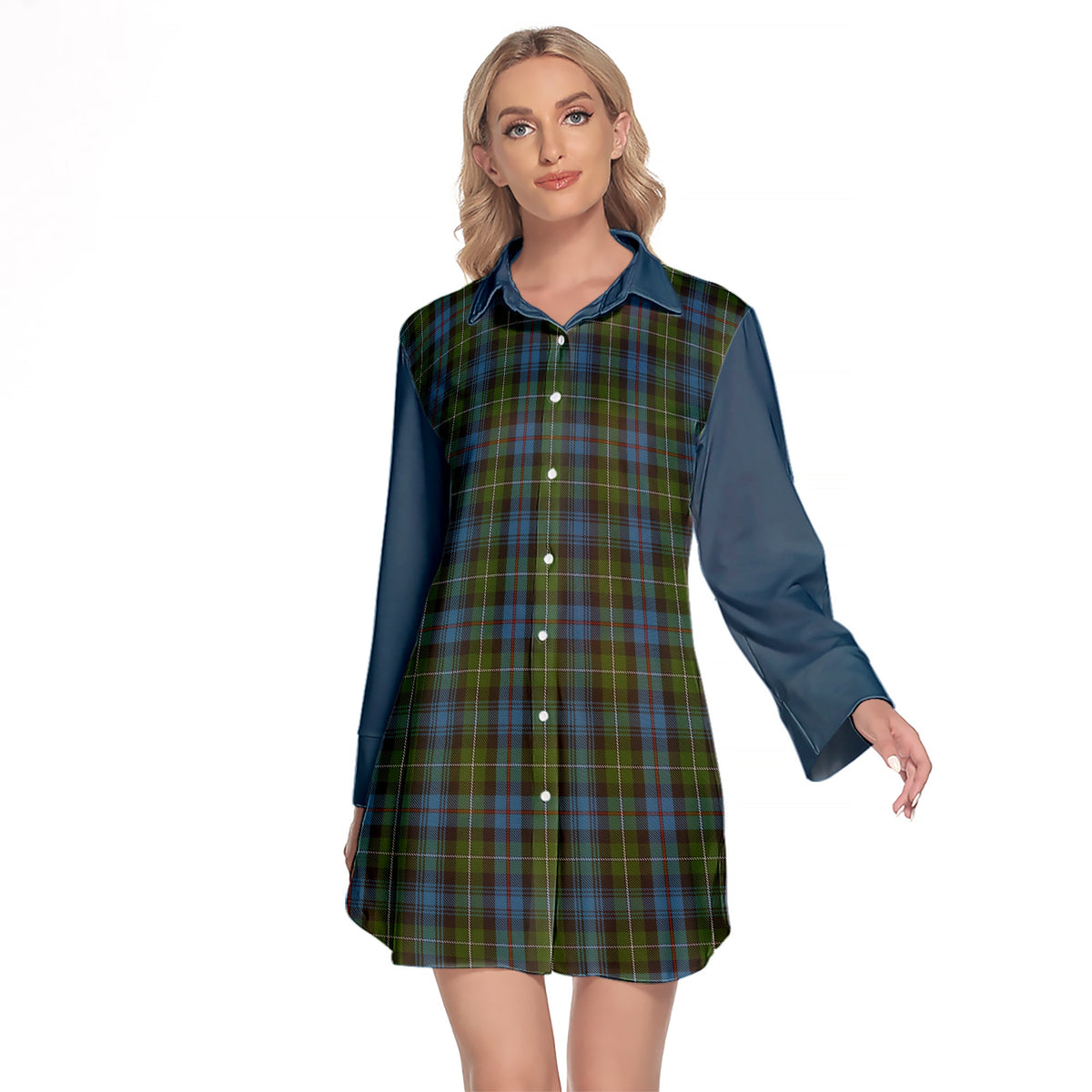 Mackenzie Tartan Women's Lapel Shirt Dress With Long Sleeve