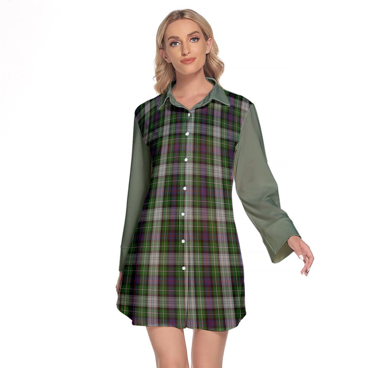 MacKenzie Dress Tartan Women's Lapel Shirt Dress With Long Sleeve