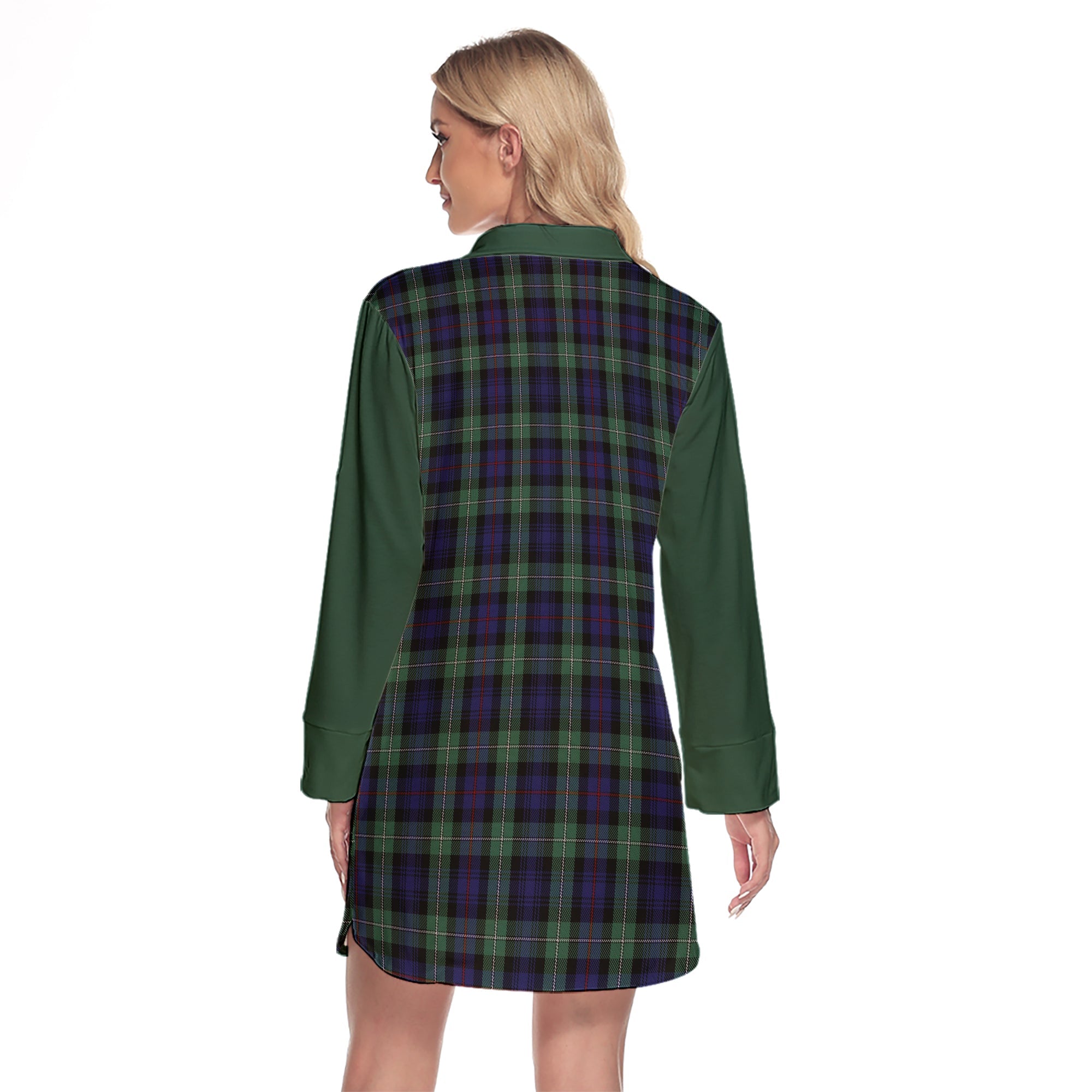 MacKenzie Hunting Green Tartan Women's Lapel Shirt Dress With Long Sleeve