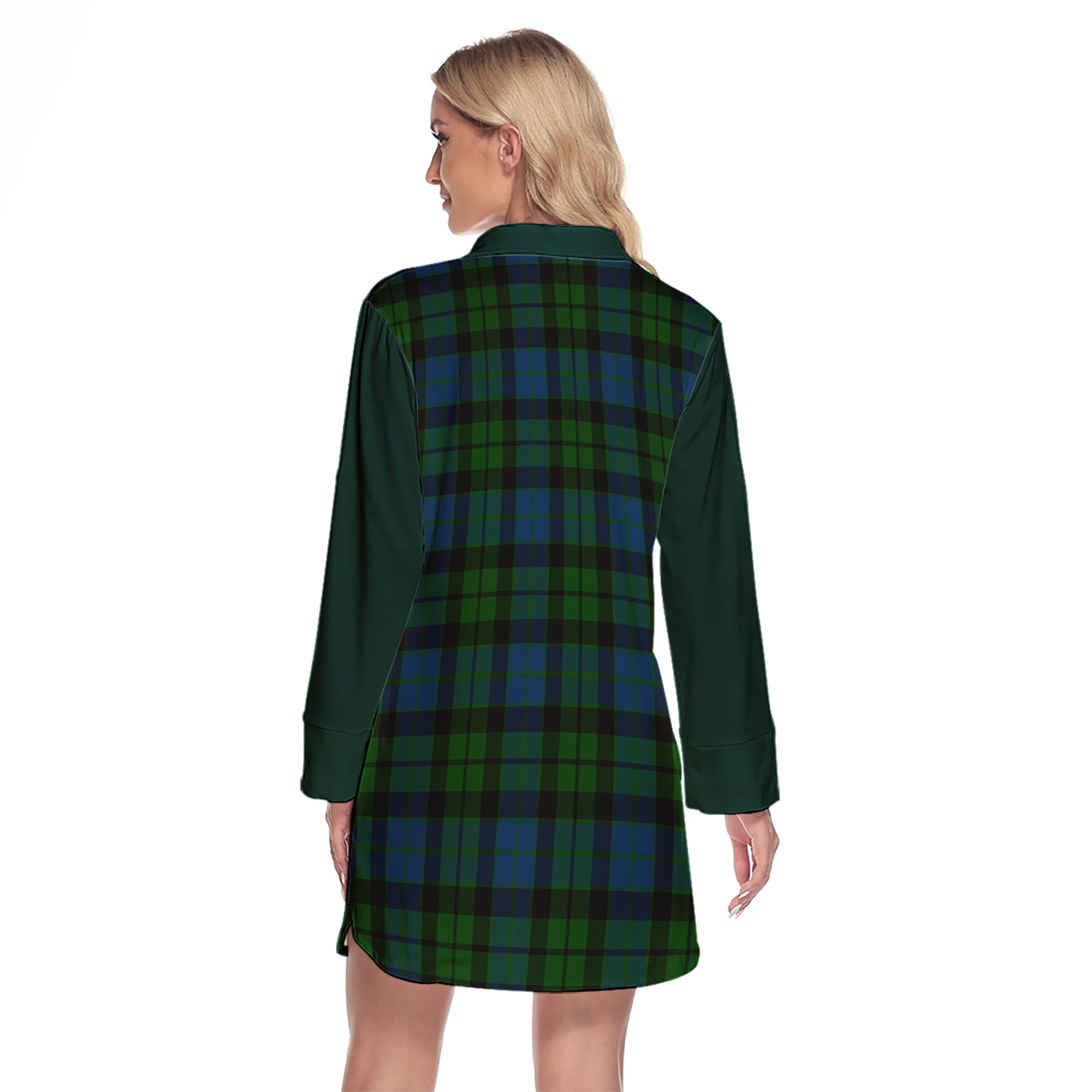 MacKie Tartan Women's Lapel Shirt Dress With Long Sleeve