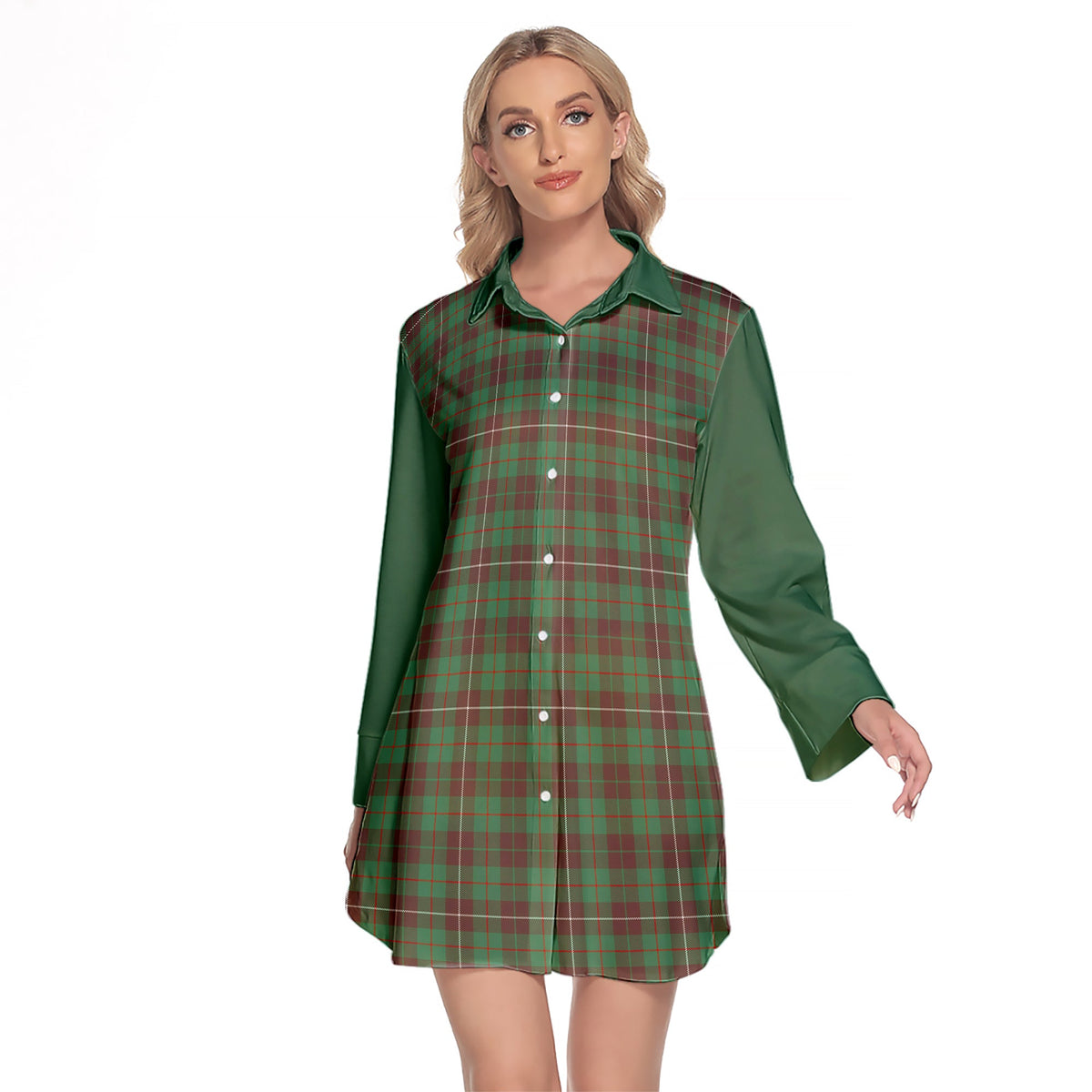 MacKinnon Hunting Ancient Tartan Women's Lapel Shirt Dress With Long Sleeve