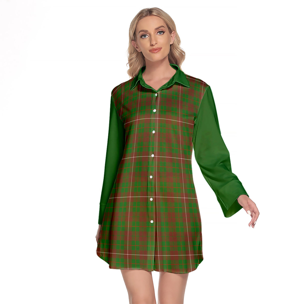 MacKinnon Hunting Modern Tartan Women's Lapel Shirt Dress With Long Sleeve