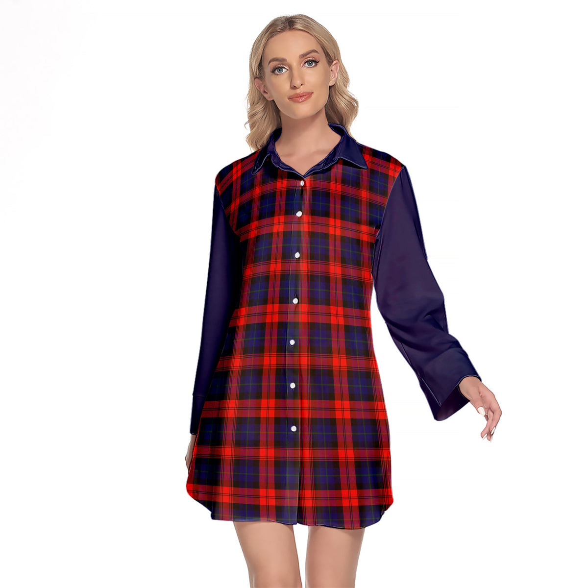 MacLachlan Modern Tartan Women's Lapel Shirt Dress With Long Sleeve