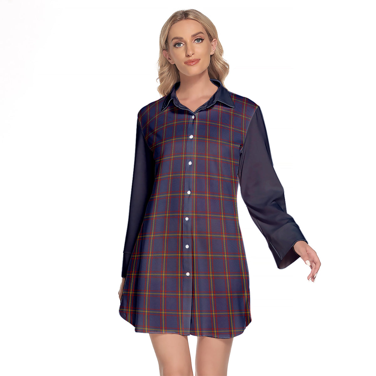 MacLaine Of Lochbuie Tartan Women's Lapel Shirt Dress With Long Sleeve