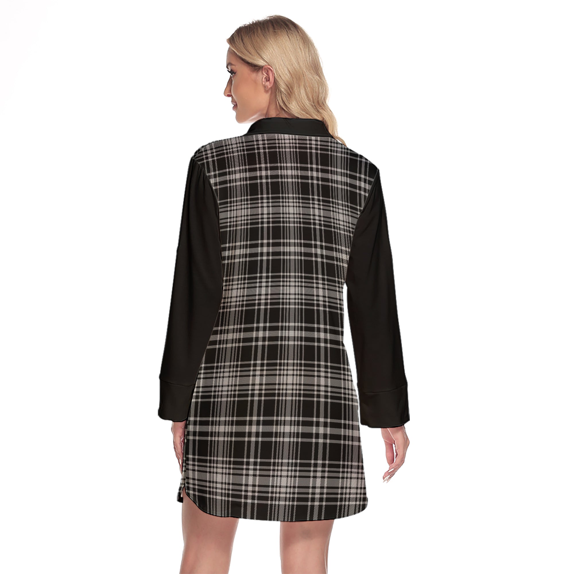 MacLean Black And White Tartan Women's Lapel Shirt Dress With Long Sleeve