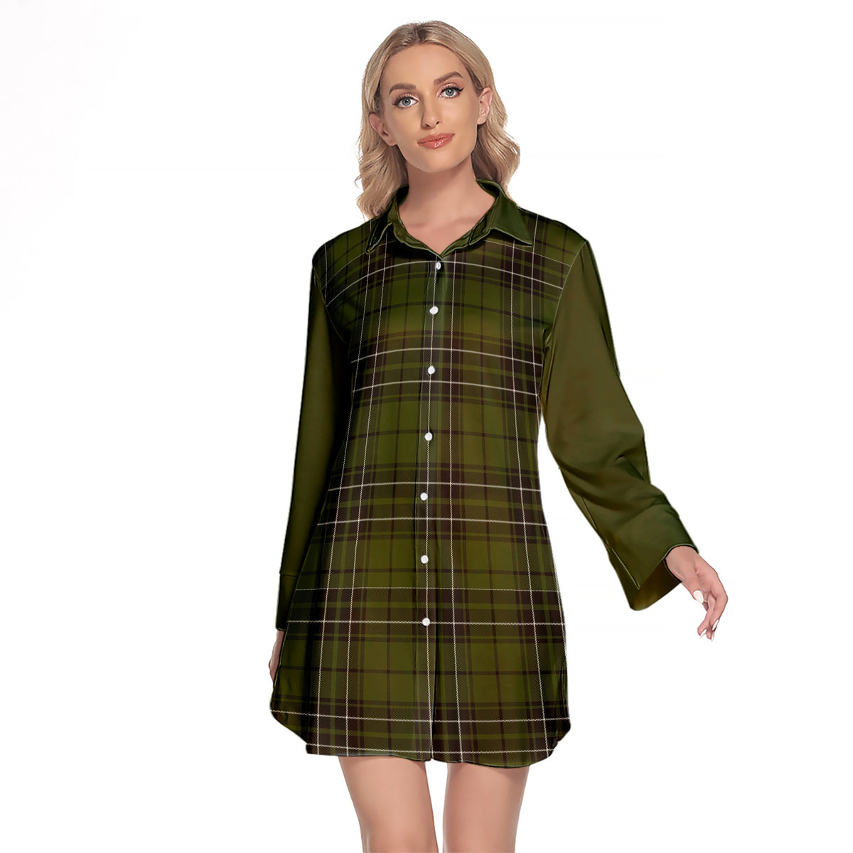 MacLean Hunting Tartan Women's Lapel Shirt Dress With Long Sleeve