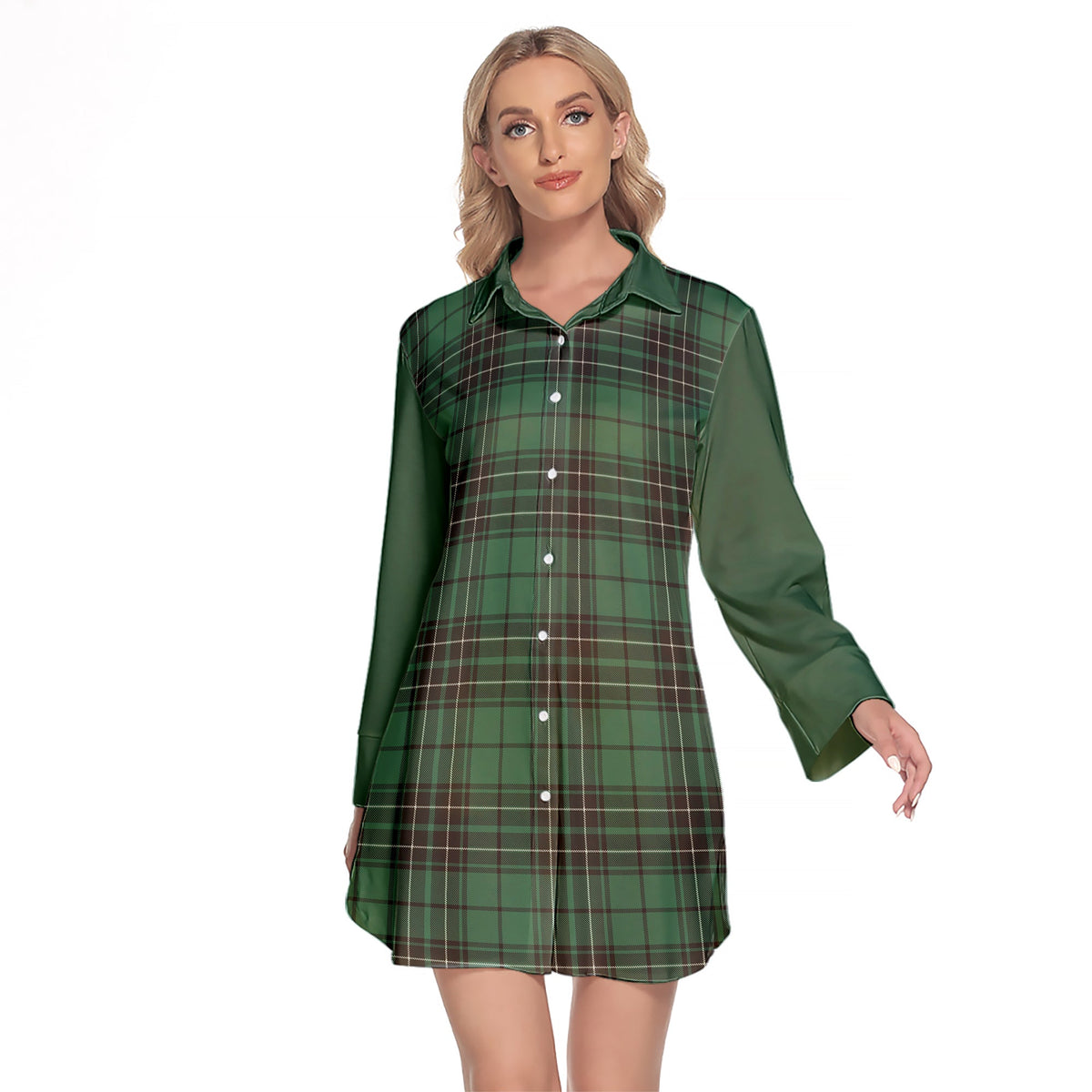 MacLean Hunting Ancient Tartan Women's Lapel Shirt Dress With Long Sleeve