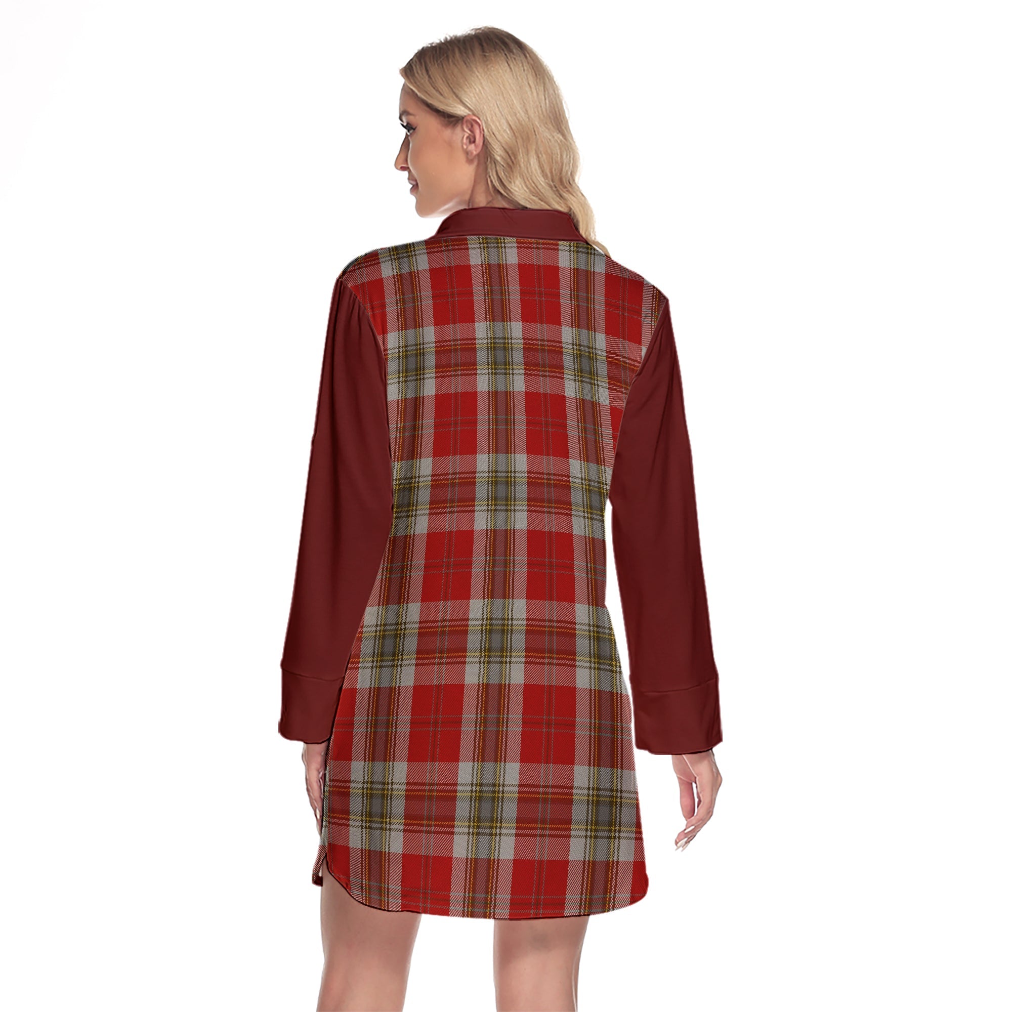 MacLean Of Duart Dress Red Tartan Women's Lapel Shirt Dress With Long Sleeve