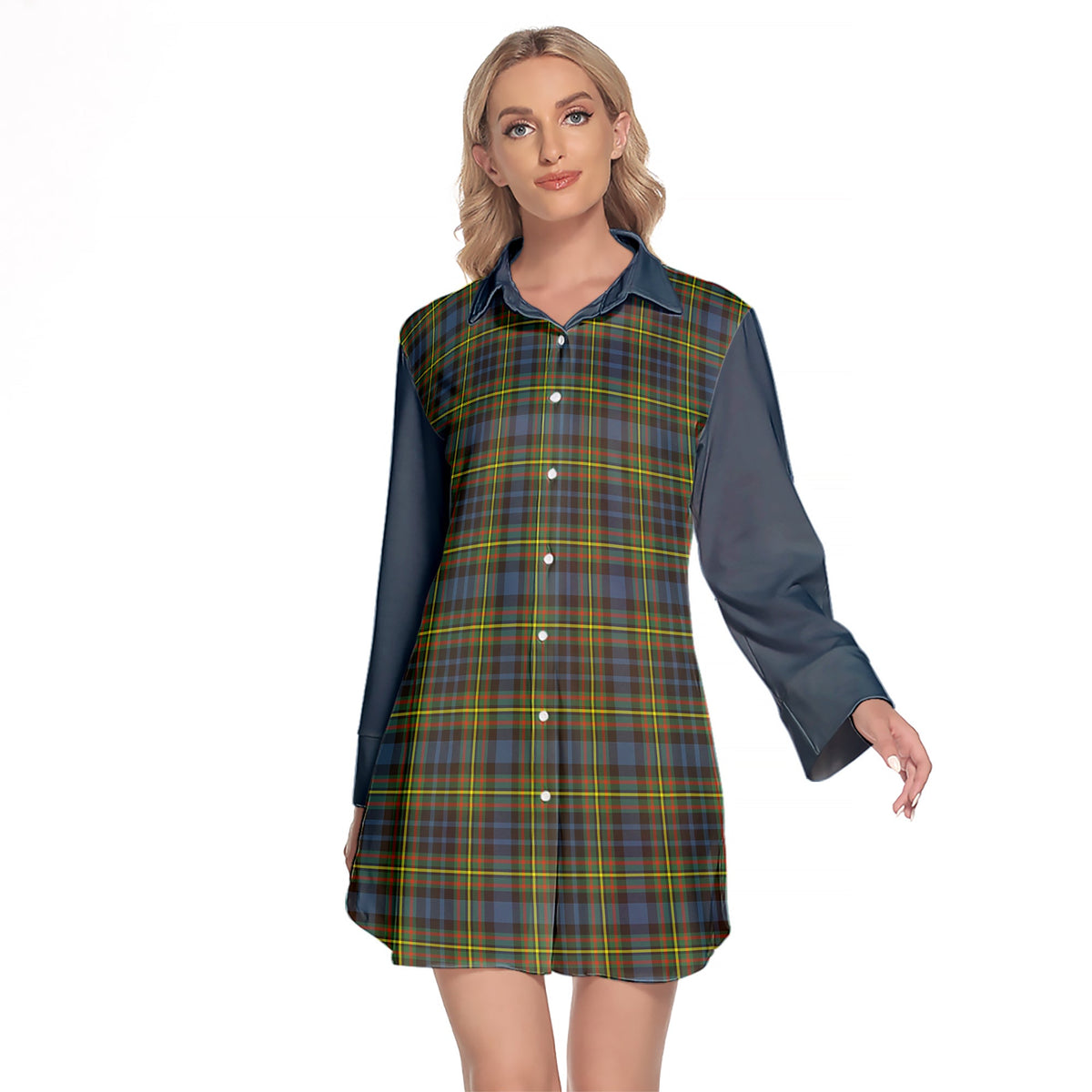 MacLellan Ancient Tartan Women's Lapel Shirt Dress With Long Sleeve