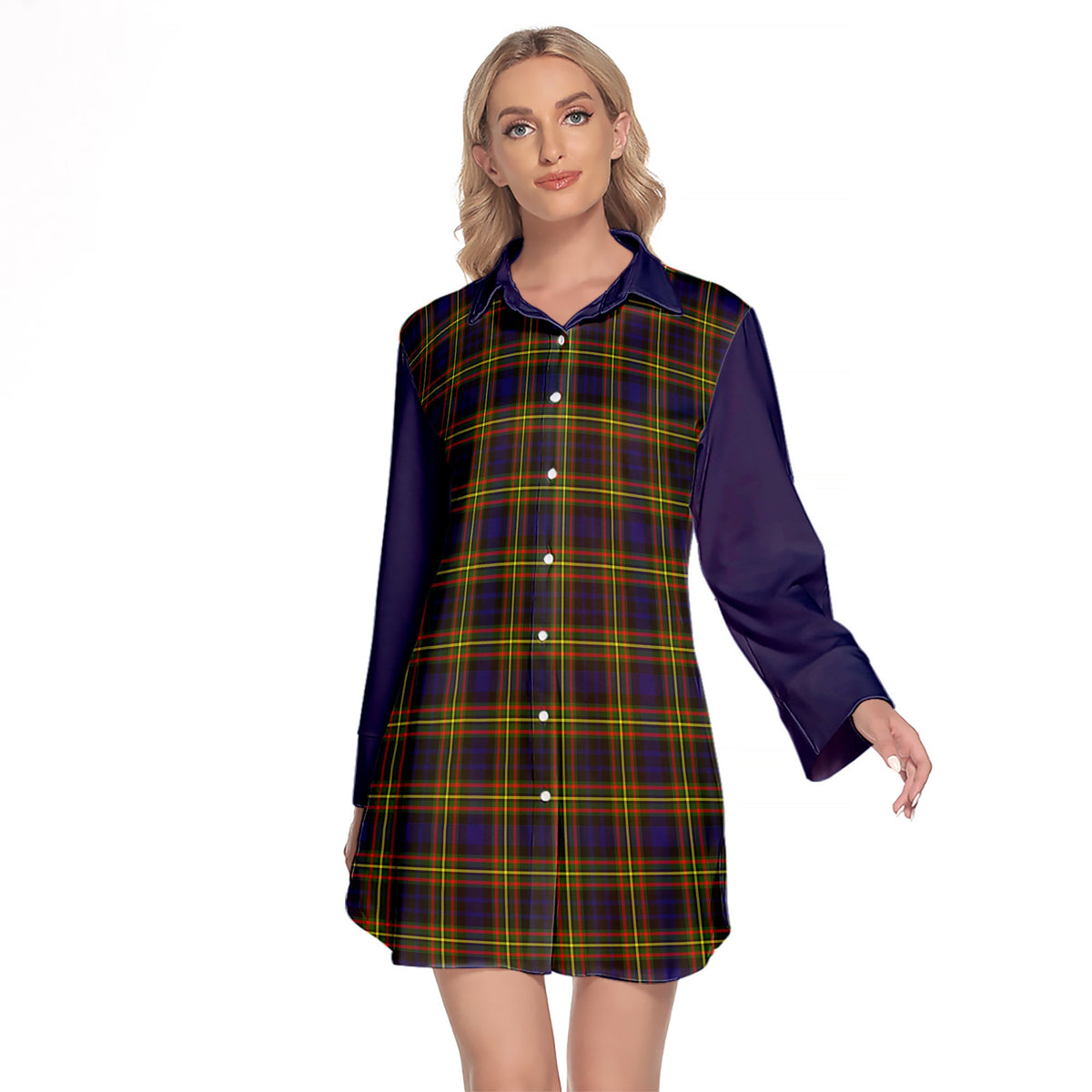 MacLellan Modern Tartan Women's Lapel Shirt Dress With Long Sleeve