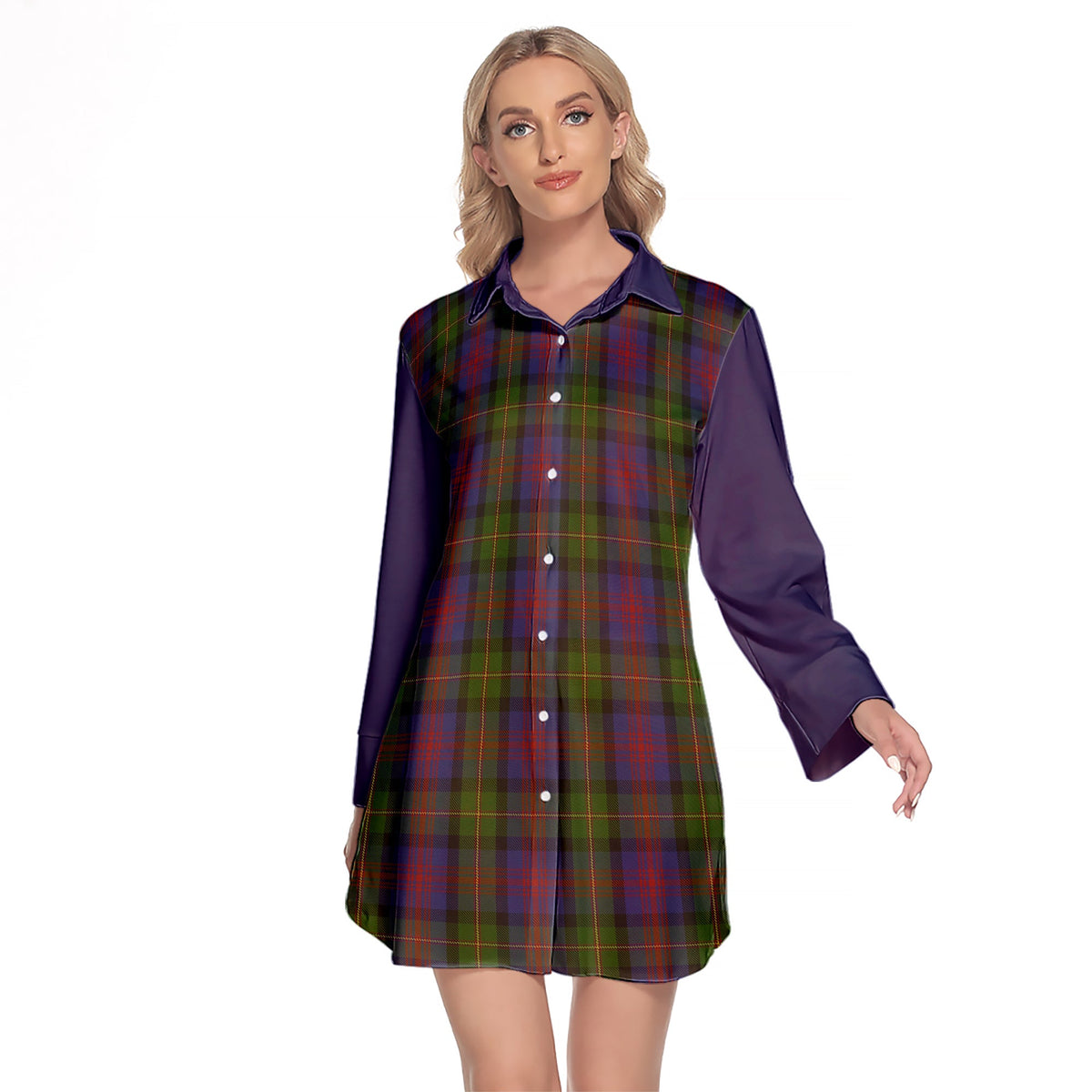 MacLennan Tartan Women's Lapel Shirt Dress With Long Sleeve