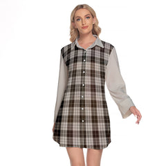 MacLeod Black And White Tartan Women's Lapel Shirt Dress With Long Sleeve