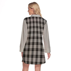 MacLeod Black And White Tartan Women's Lapel Shirt Dress With Long Sleeve