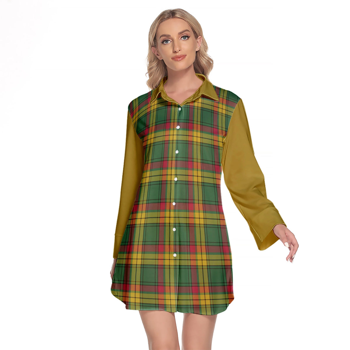 MacMillan Old Ancient Tartan Women's Lapel Shirt Dress With Long Sleeve