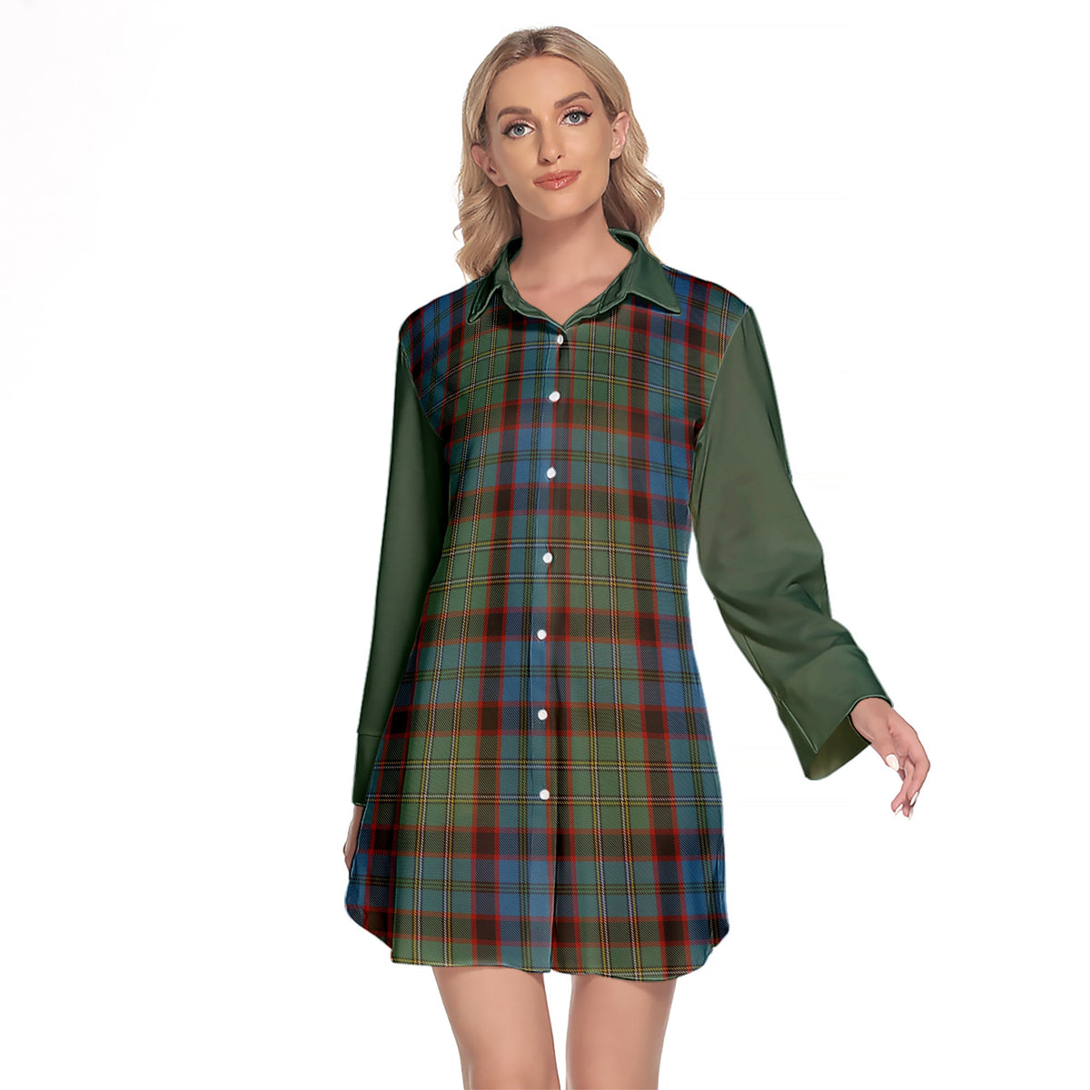 MacNicol Hunting Tartan Women's Lapel Shirt Dress With Long Sleeve