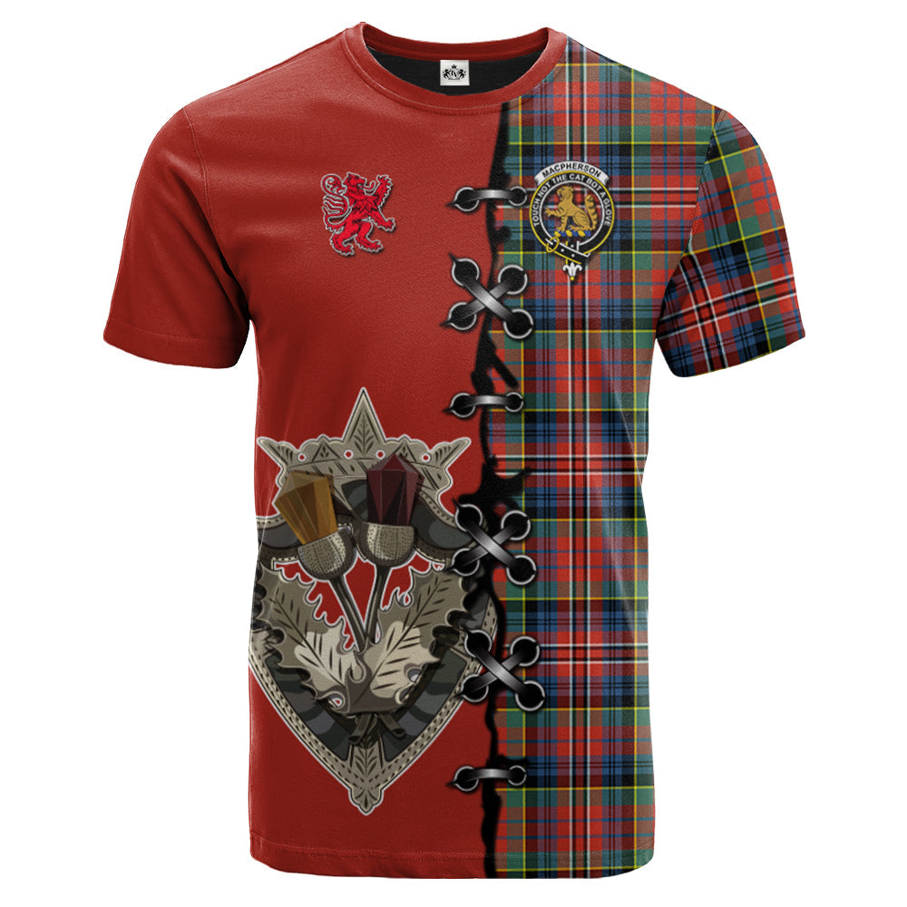MacPherson Ancient Tartan T-shirt - Lion Rampant And Celtic Thistle Style